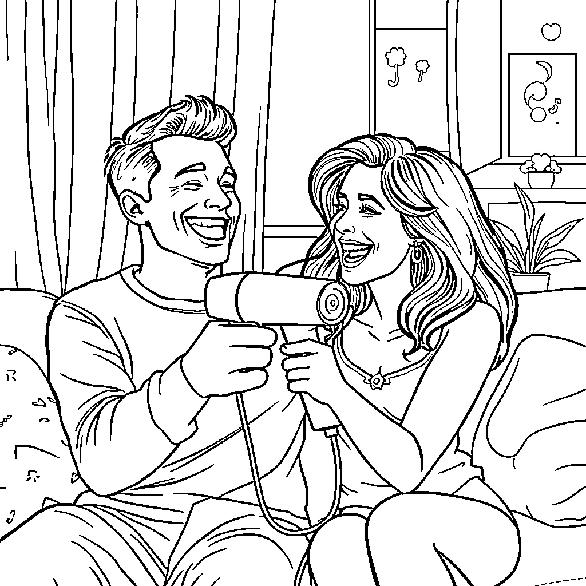Man and Woman Enjoying Together Coloring Page (free black-and-white line drawing printable PDF for all, from beginners to advanced learners, including children, teens, adults, and seniors)