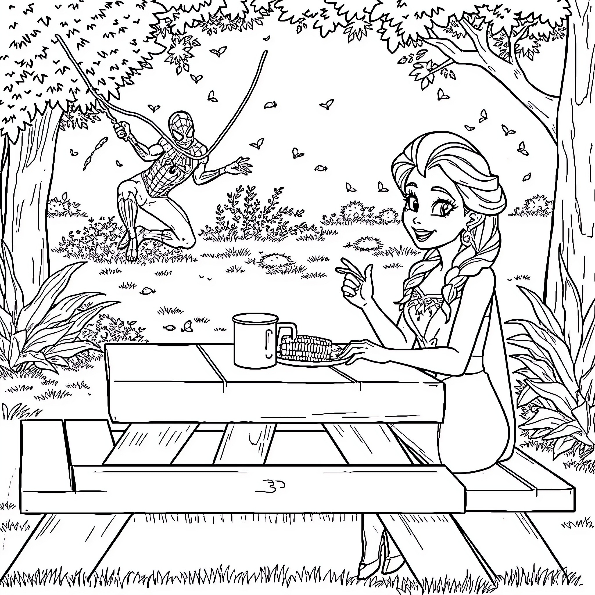 Elsa's Picnic Adventure in the Enchanted Forest Coloring Page (free black-and-white line drawing printable PDF for all, from beginners to advanced learners, including children, teens, adults, and seniors)