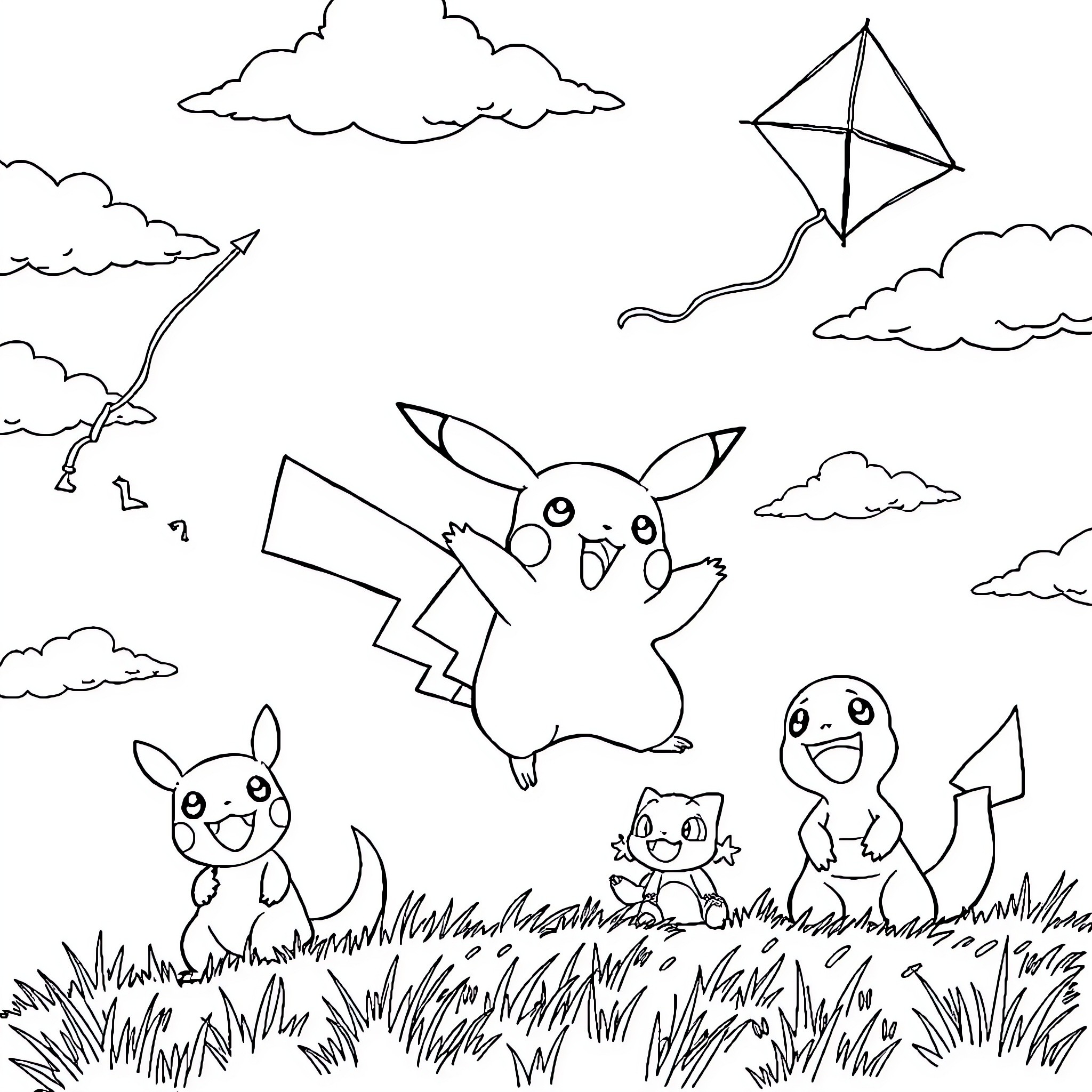 Pikachu playing with friends in the park Coloring Page (free black-and-white line drawing printable PDF for all, from beginners to advanced learners, including children, teens, adults, and seniors)