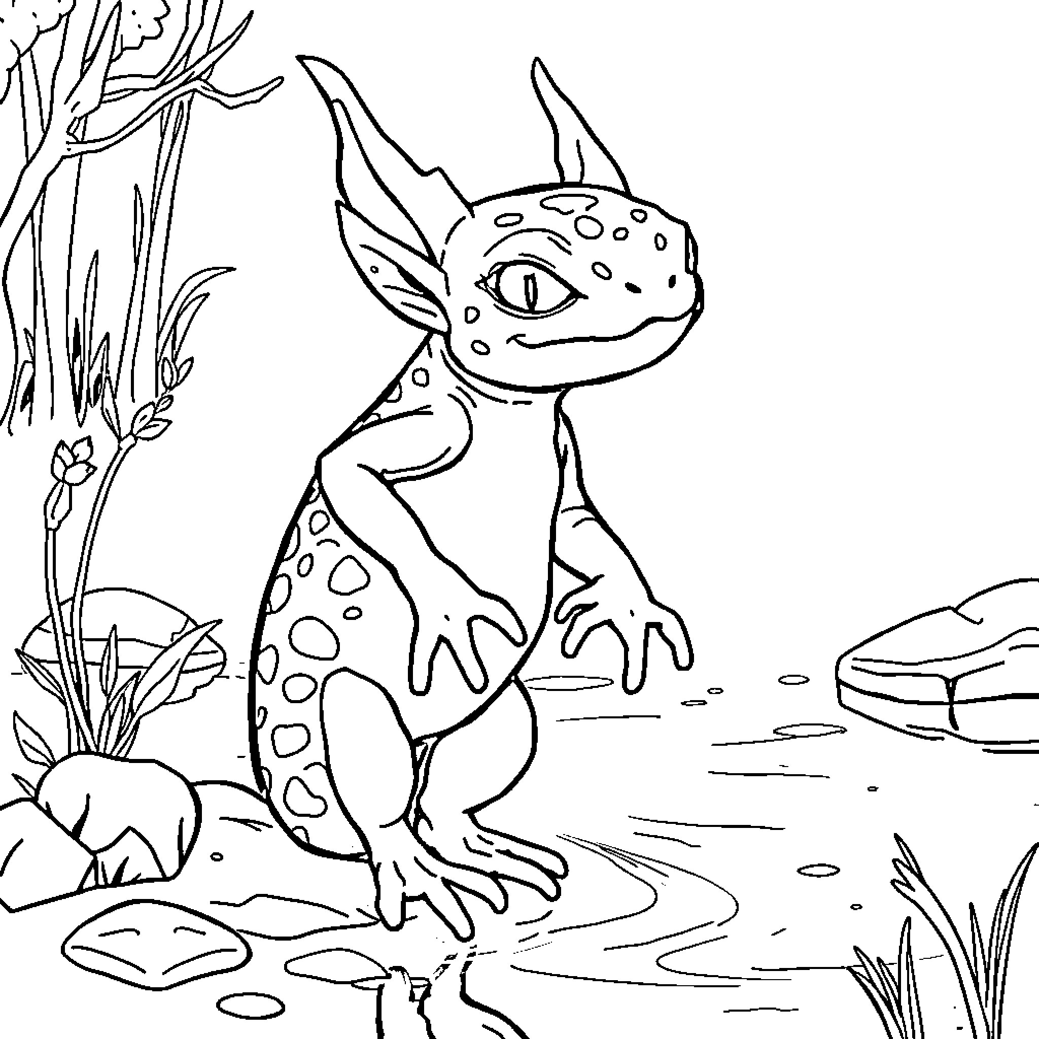Axolotl exploring in the wilderness Coloring Page (free black-and-white line drawing printable PDF for all, from beginners to advanced learners, including children, teens, adults, and seniors)