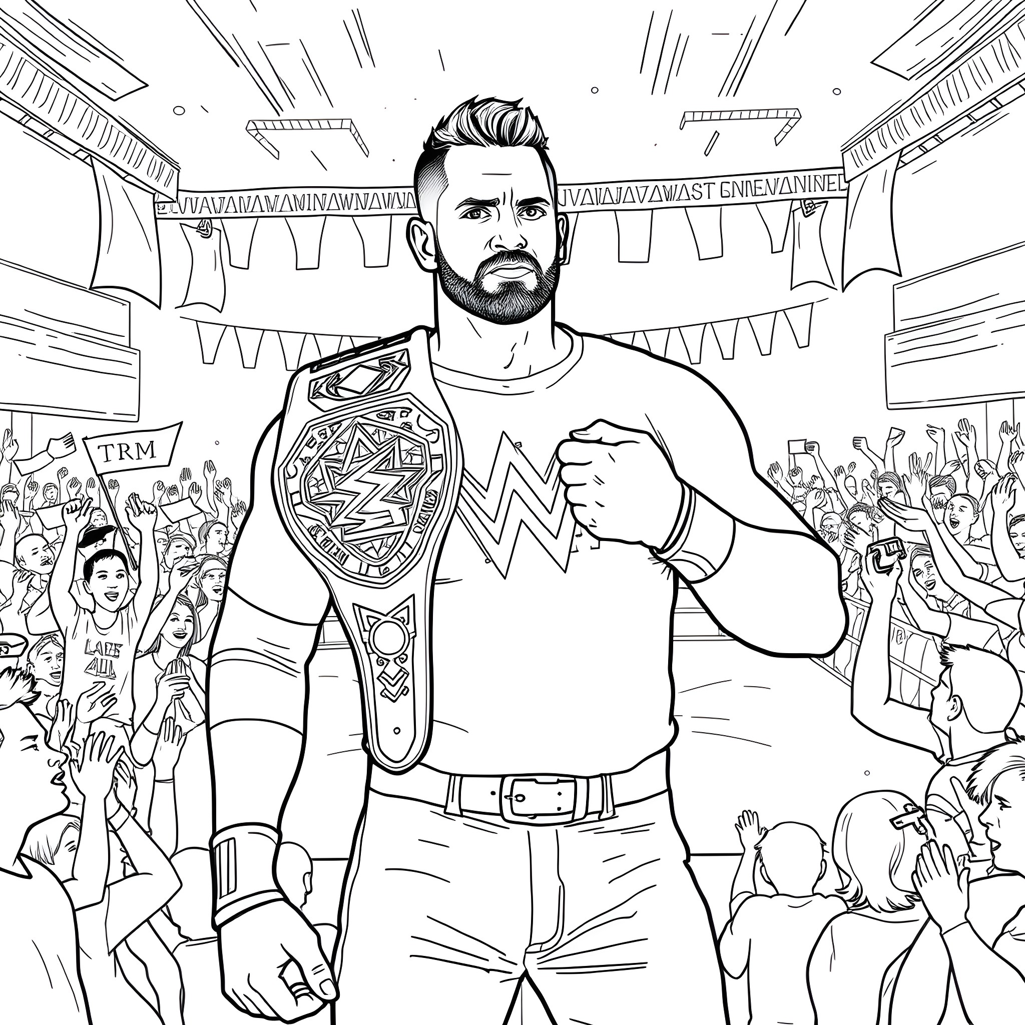 Cm Punk Celebrating Victory in the Wrestling Arena Coloring Page (free black-and-white line drawing printable PDF for all, from beginners to advanced learners, including children, teens, adults, and seniors)