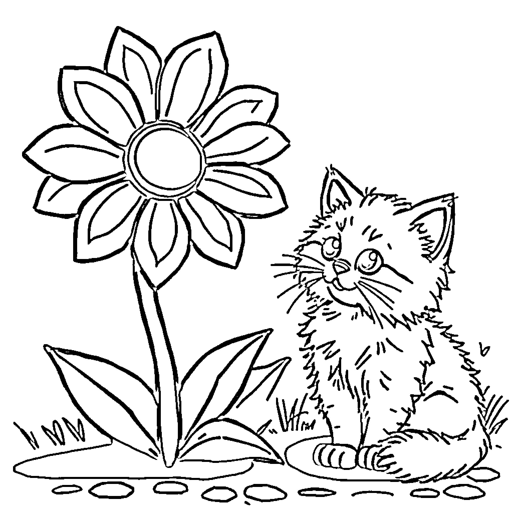 Flower with Playful Kitten Coloring Page (free black-and-white line drawing printable PDF for all, from beginners to advanced learners, including children, teens, adults, and seniors)