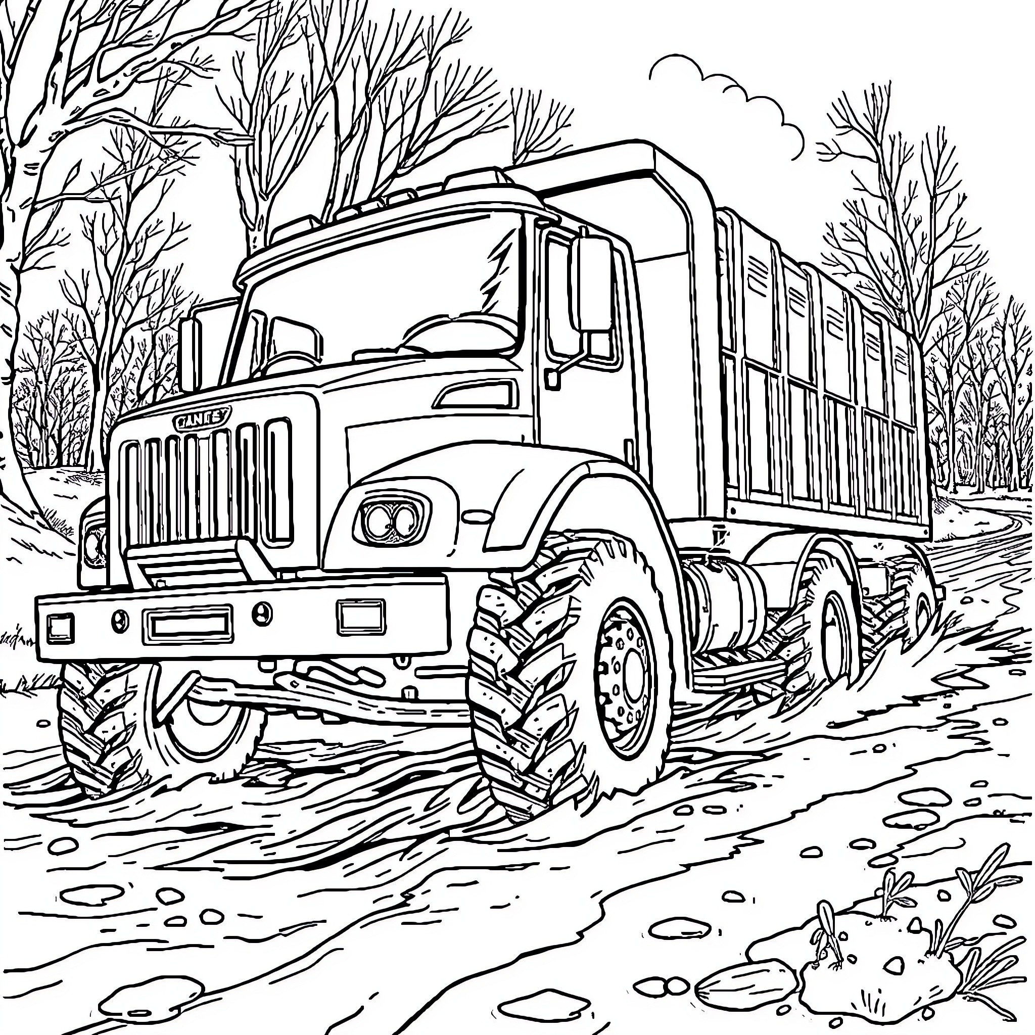 Truck traversing through muddy terrain in the forest Coloring Page (free black-and-white line drawing printable PDF for all, from beginners to advanced learners, including children, teens, adults, and seniors)