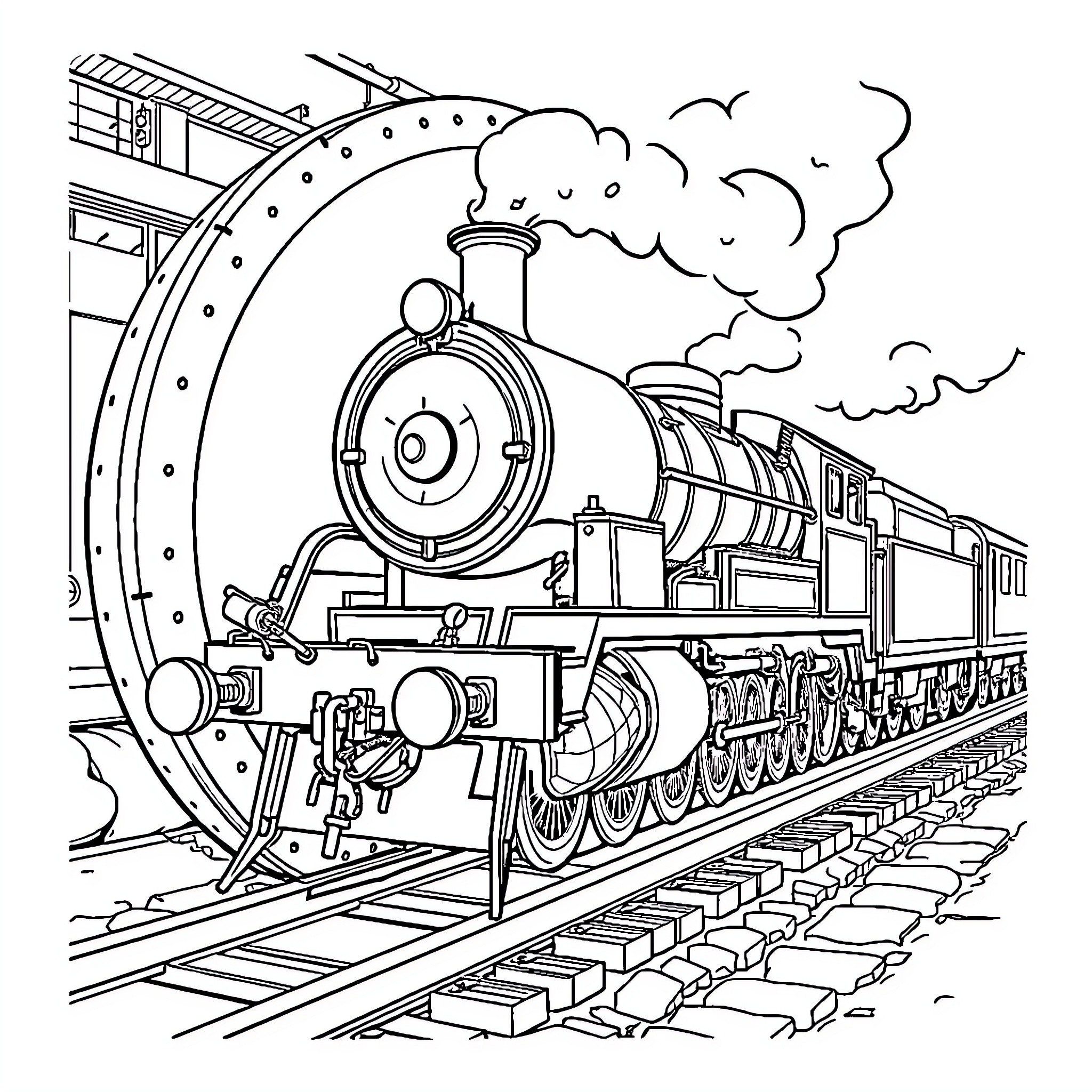 Lokomotive charging through the tracks Coloring Page (free black-and-white line drawing printable PDF for all, from beginners to advanced learners, including children, teens, adults, and seniors)