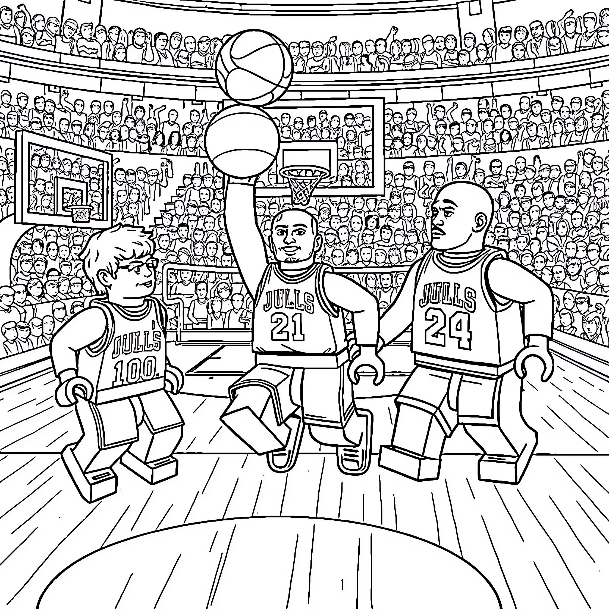 Basketball players competing in the arena Coloring Page (free black-and-white line drawing printable PDF for all, from beginners to advanced learners, including children, teens, adults, and seniors)