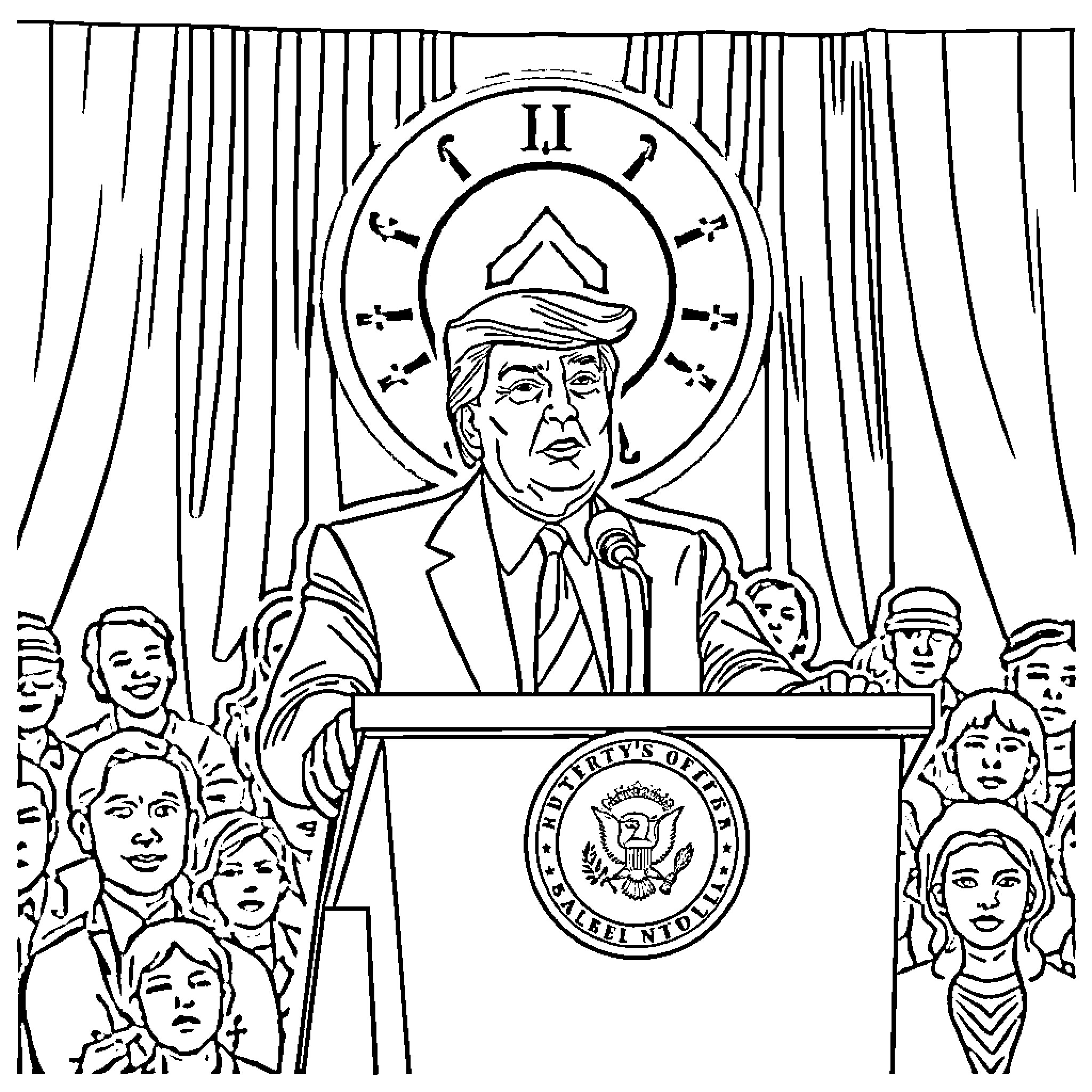 Donald Trump delivering a speech on stage Coloring Page (free black-and-white line drawing printable PDF for all, from beginners to advanced learners, including children, teens, adults, and seniors)