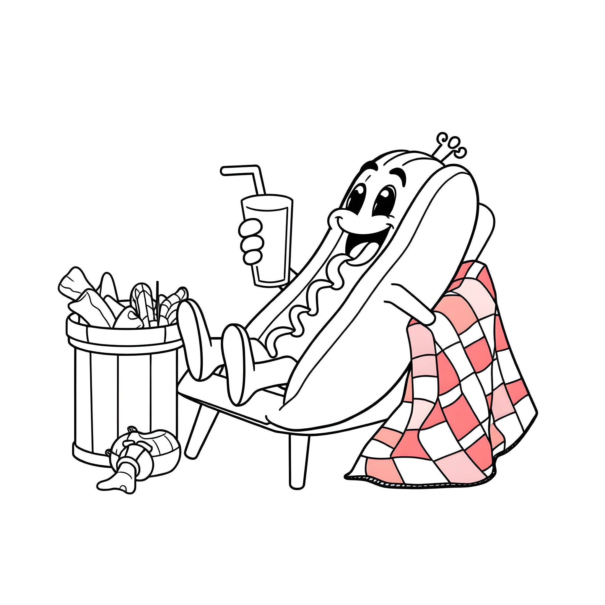 Hotdog enjoying a picnic in the park Coloring Page (free black-and-white line drawing printable PDF for all, from beginners to advanced learners, including children, teens, adults, and seniors)