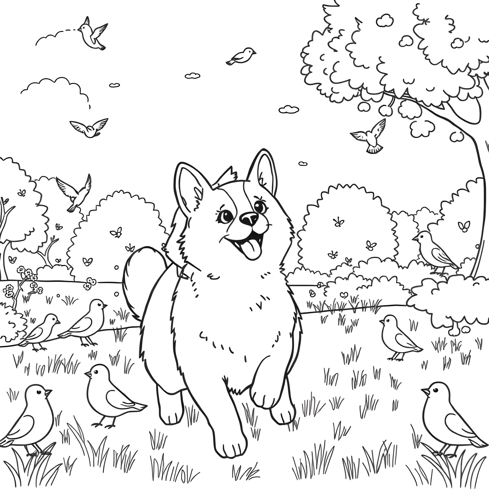 Cat enjoying nature with birds and butterflies Coloring Page (free black-and-white line drawing printable PDF for all, from beginners to advanced learners, including children, teens, adults, and seniors)