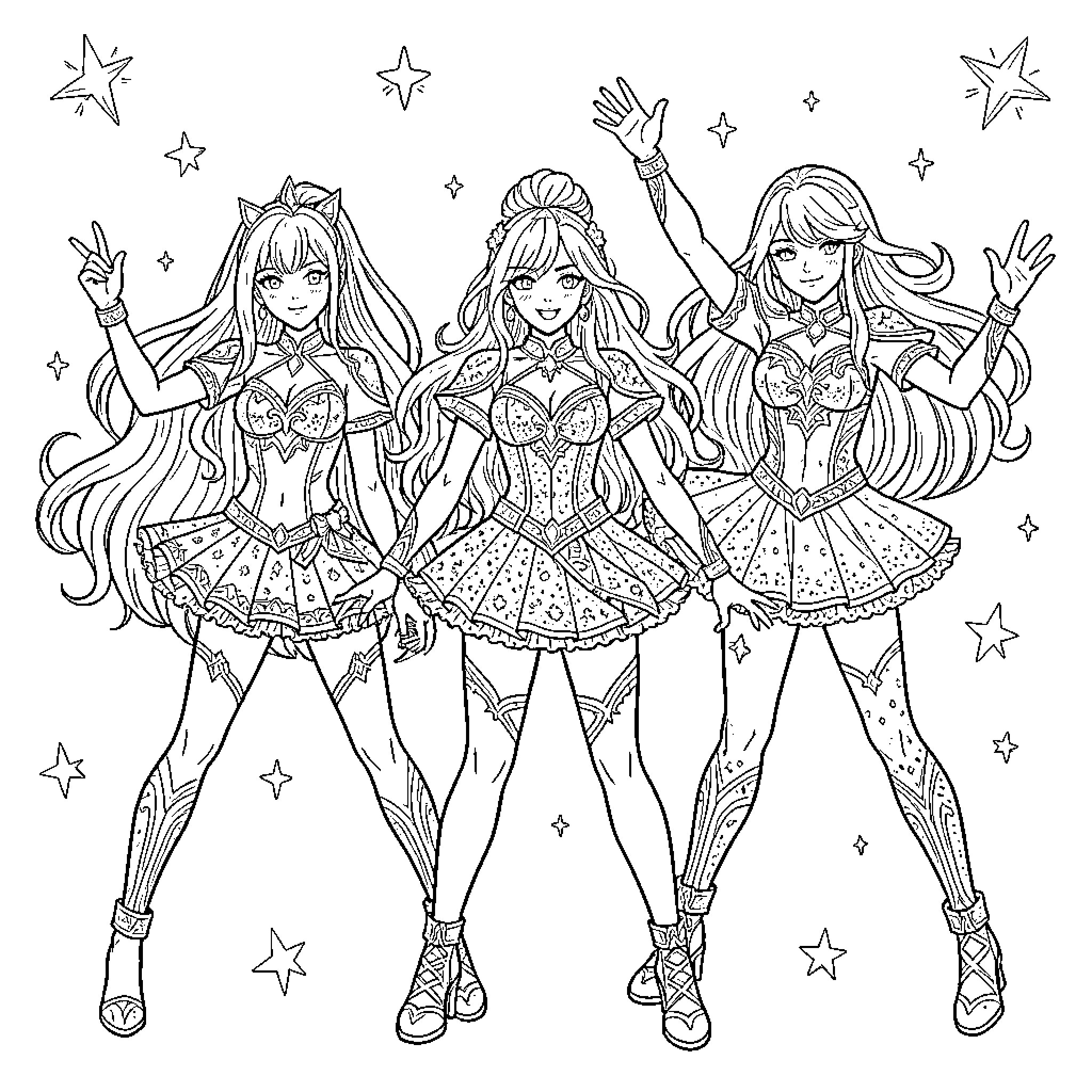 Magic Warriors Strike Powerful Poses in Dazzling Outfits Coloring Page (free black-and-white line drawing printable PDF for all, from beginners to advanced learners, including children, teens, adults, and seniors)