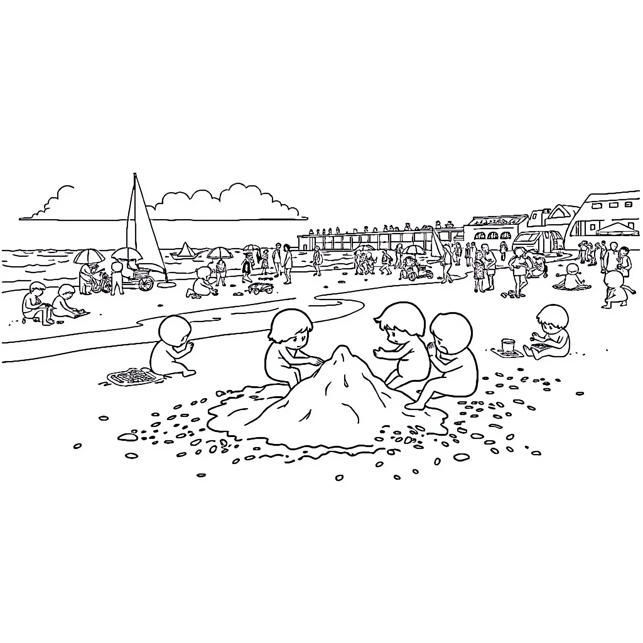 Meeple enjoying a lively beach day Coloring Page (free black-and-white line drawing printable PDF for all, from beginners to advanced learners, including children, teens, adults, and seniors)