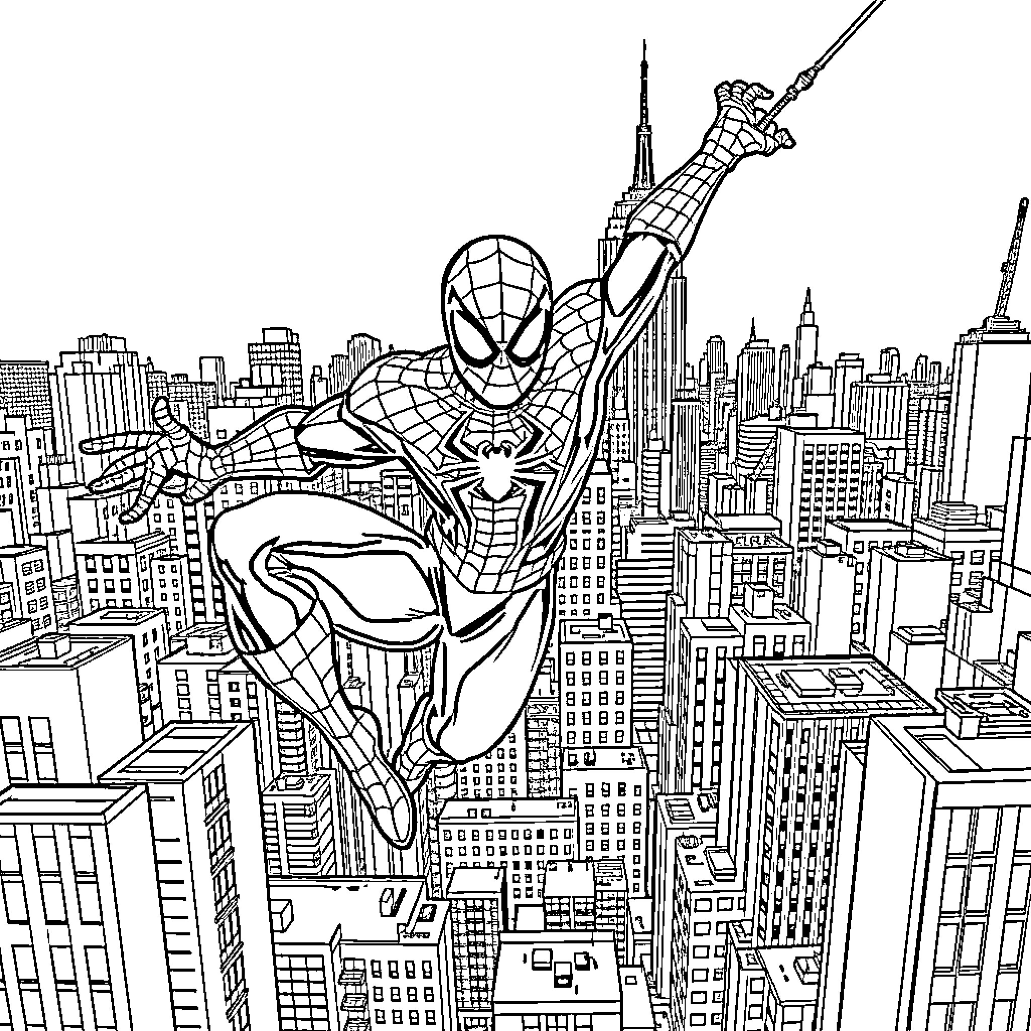 Spiderman swinging through the New York skyline Coloring Page (free black-and-white line drawing printable PDF for all, from beginners to advanced learners, including children, teens, adults, and seniors)