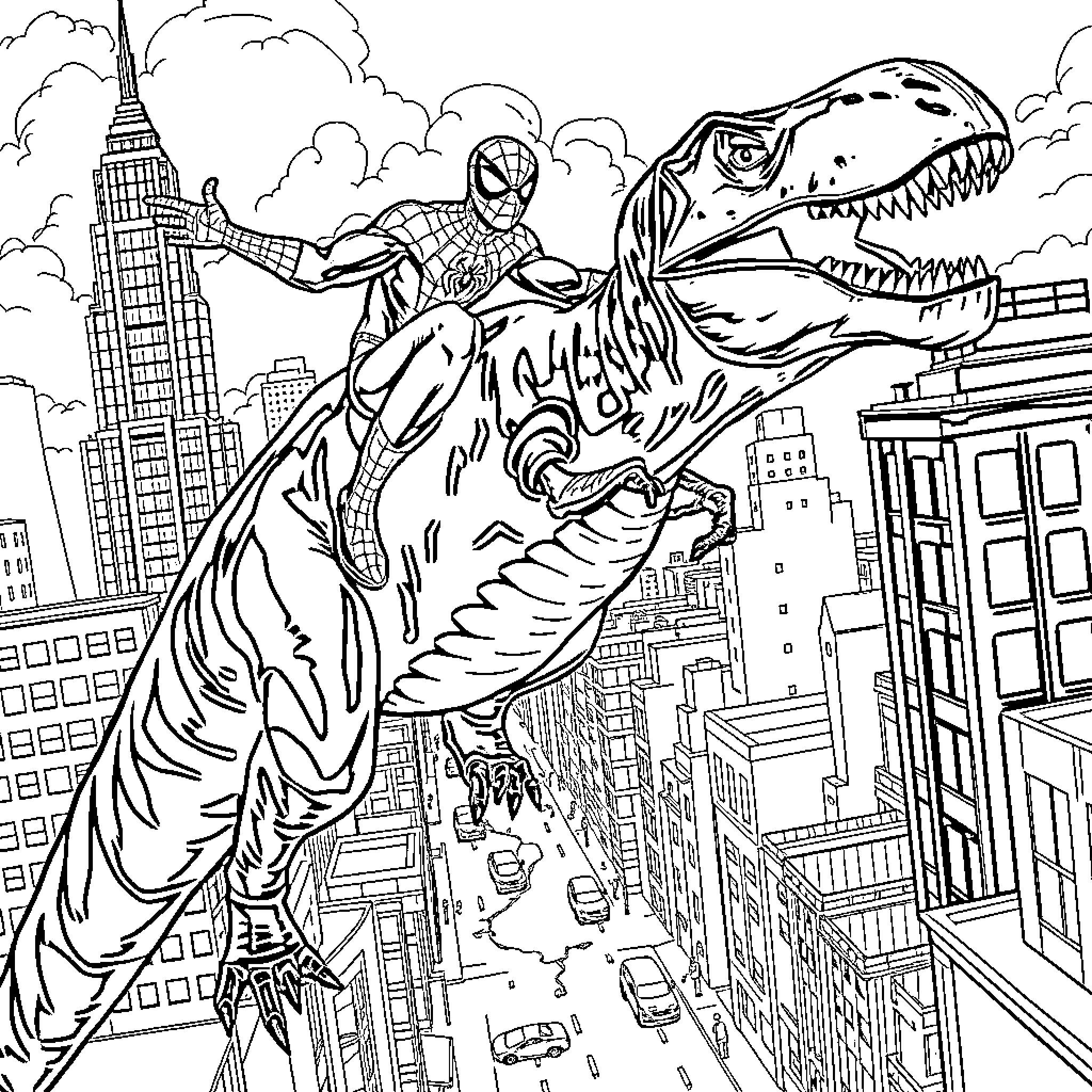 Spider-Man riding a giant dinosaur in the city Coloring Page (free black-and-white line drawing printable PDF for all, from beginners to advanced learners, including children, teens, adults, and seniors)