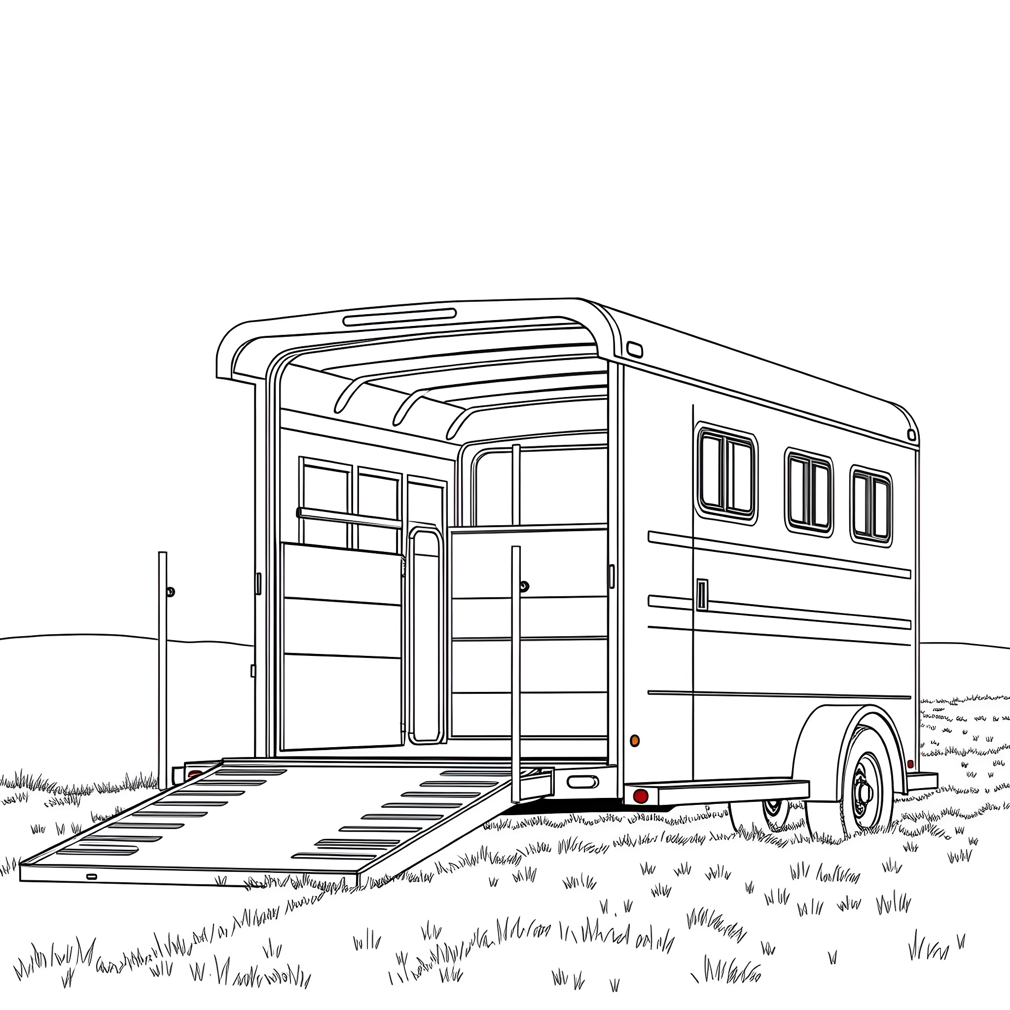 Gooseneck Trailer parked on the grassy field Coloring Page (free black-and-white line drawing printable PDF for all, from beginners to advanced learners, including children, teens, adults, and seniors)