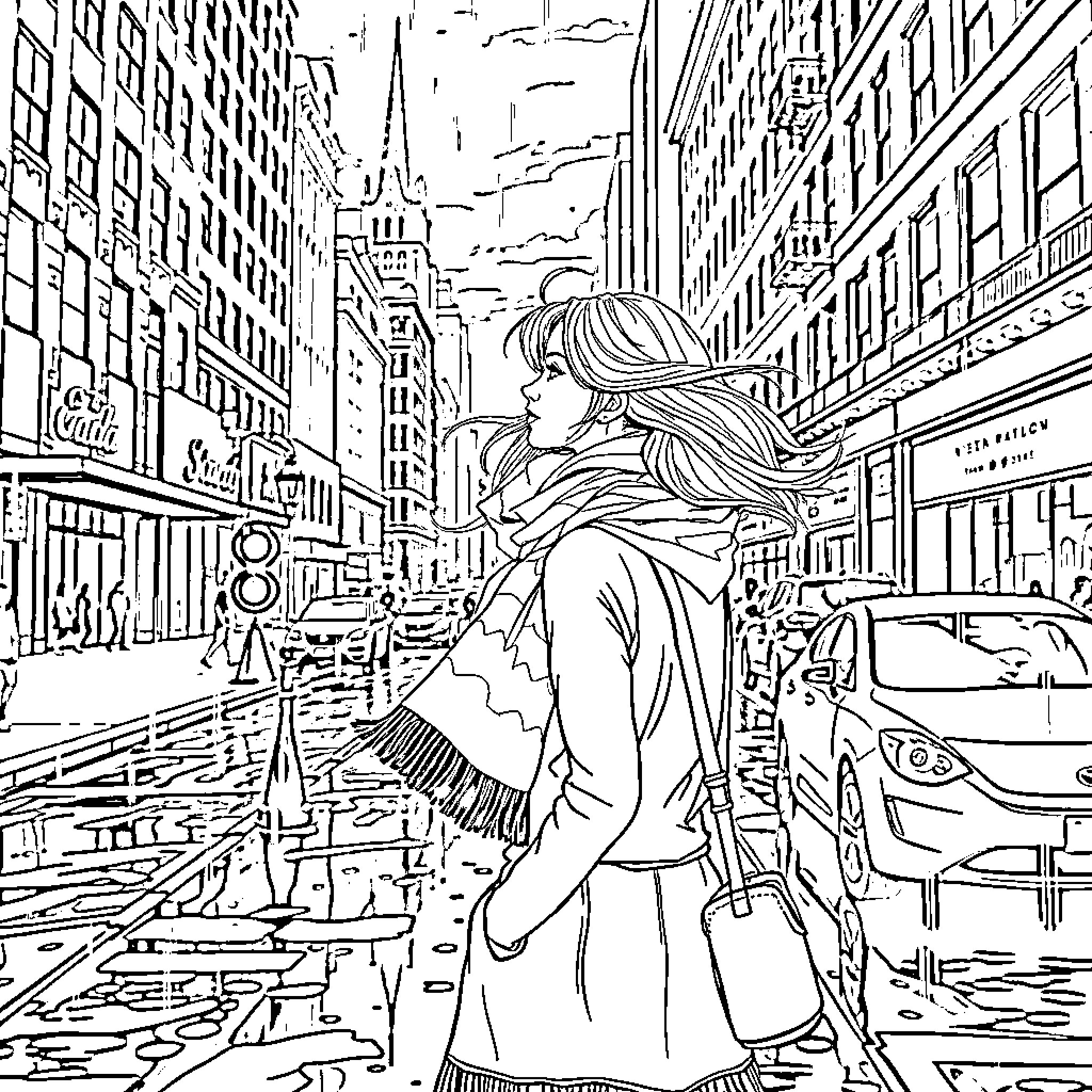 Girl in a bustling city street Coloring Page (free black-and-white line drawing printable PDF for all, from beginners to advanced learners, including children, teens, adults, and seniors)