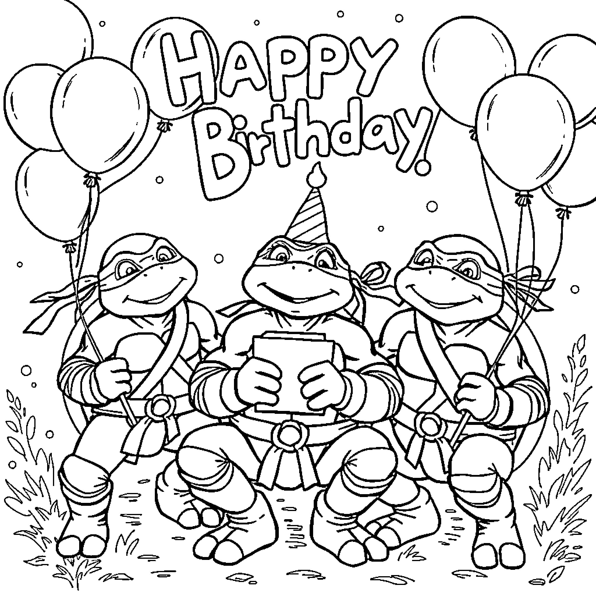 Ninja Turtles celebrate happy birthday with balloons Coloring Page (free black-and-white line drawing printable PDF for all, from beginners to advanced learners, including children, teens, adults, and seniors)