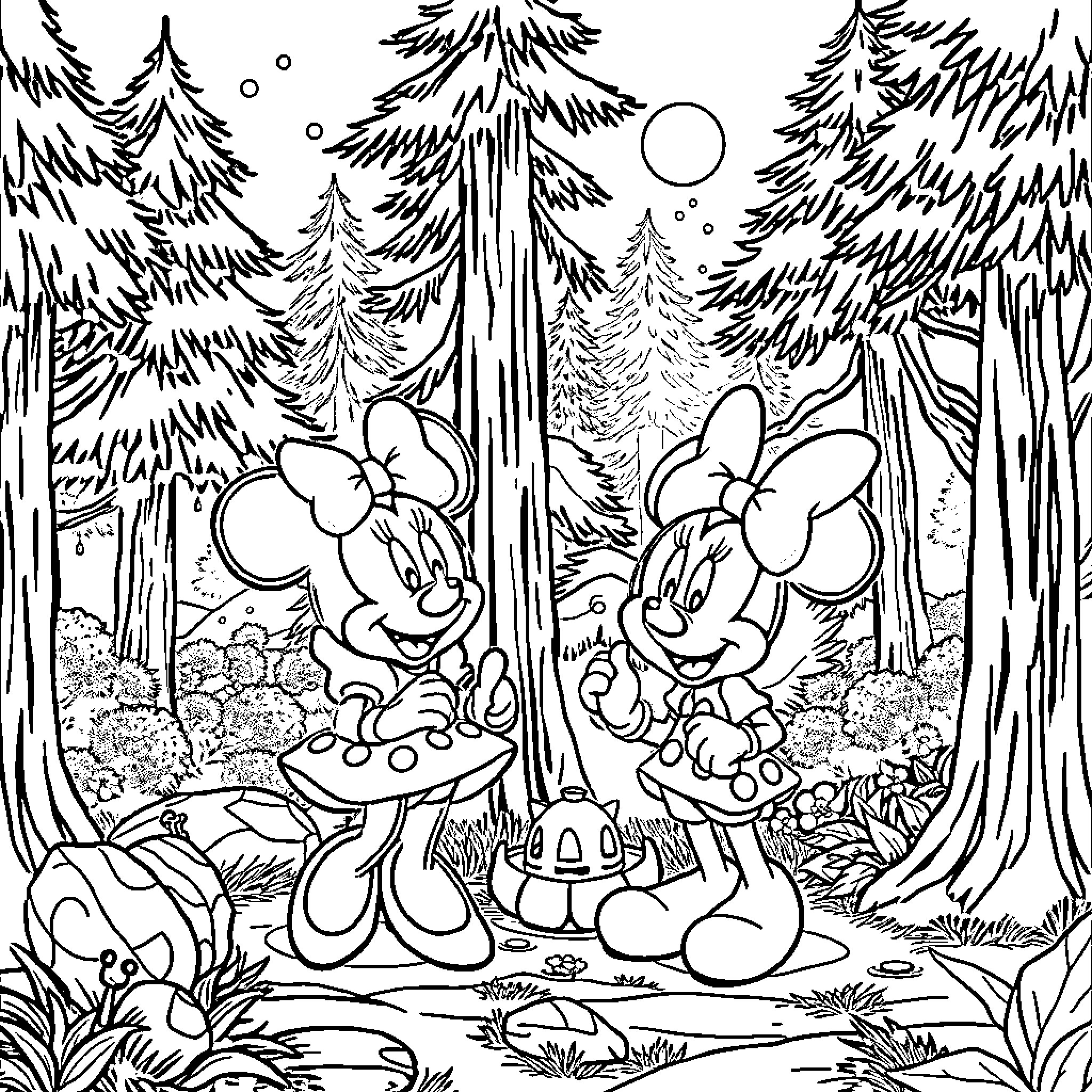 Mickey and Minnie in Enchanted Forest Adventure Coloring Page (free black-and-white line drawing printable PDF for all, from beginners to advanced learners, including children, teens, adults, and seniors)