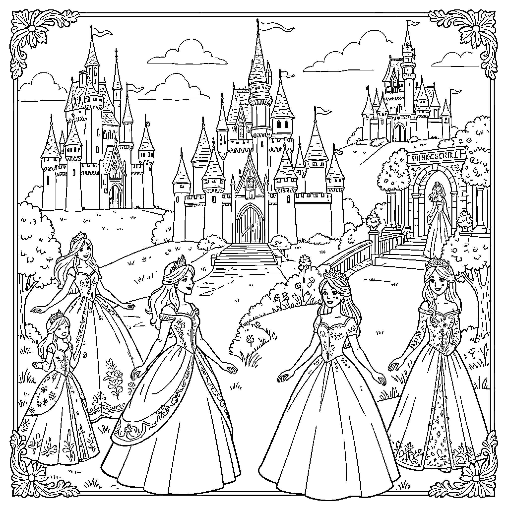 Princesses standing gracefully in front of majestic castles Coloring Page (free black-and-white line drawing printable PDF for all, from beginners to advanced learners, including children, teens, adults, and seniors)