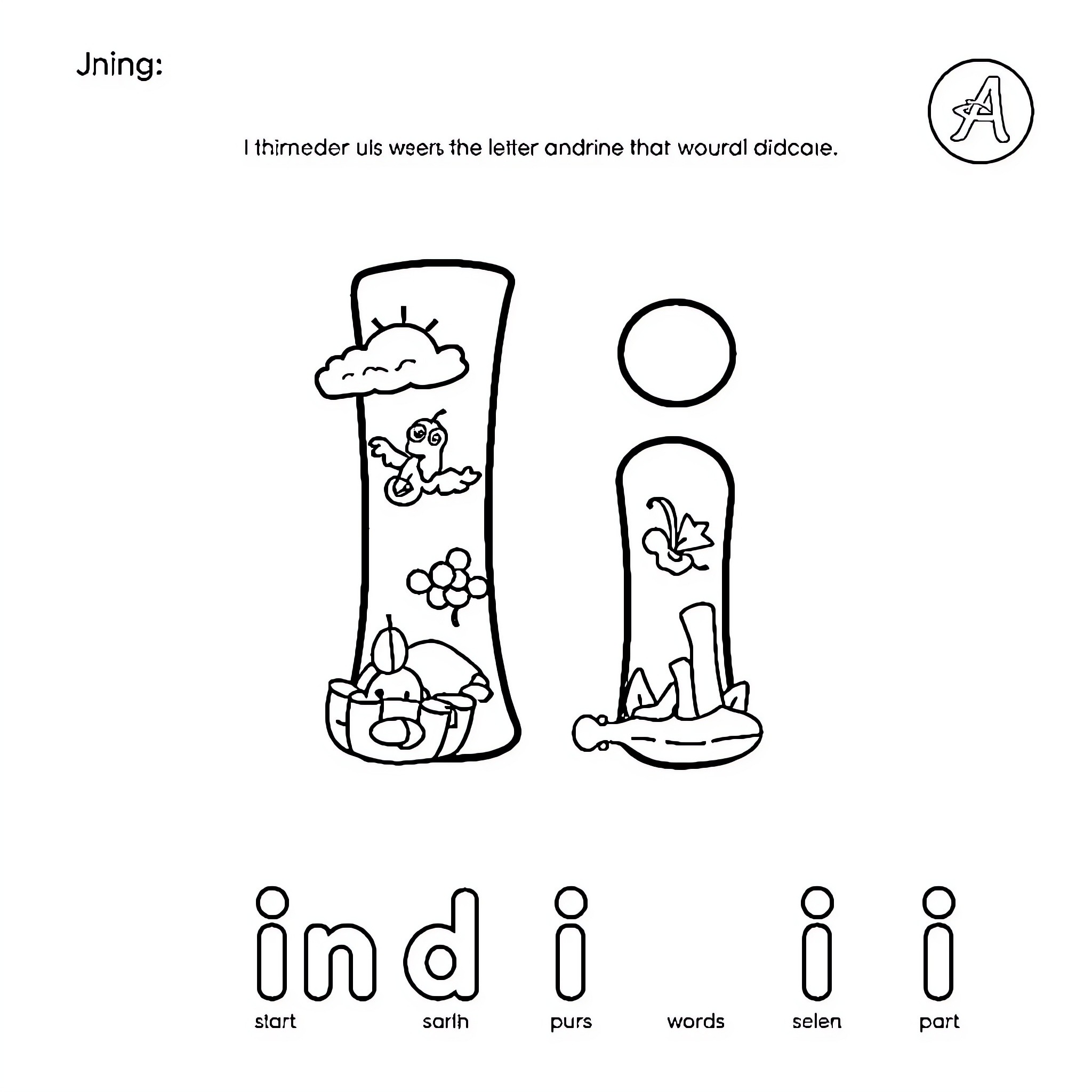 Letter I demonstrating illustrations of various objects Coloring Page (free black-and-white line drawing printable PDF for all, from beginners to advanced learners, including children, teens, adults, and seniors)