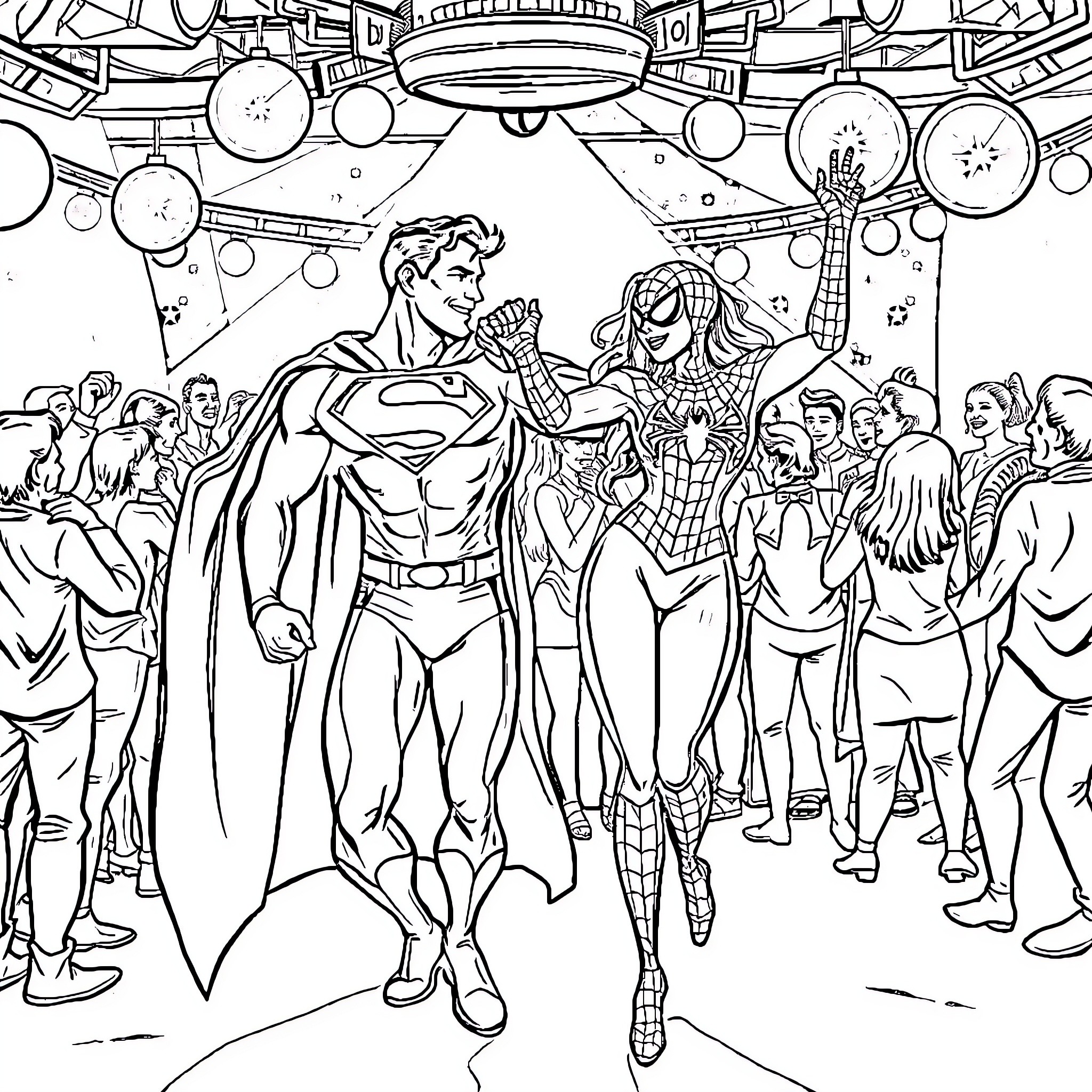 Superman and Spider-Man heroic figures in crowd Coloring Page (free black-and-white line drawing printable PDF for all, from beginners to advanced learners, including children, teens, adults, and seniors)