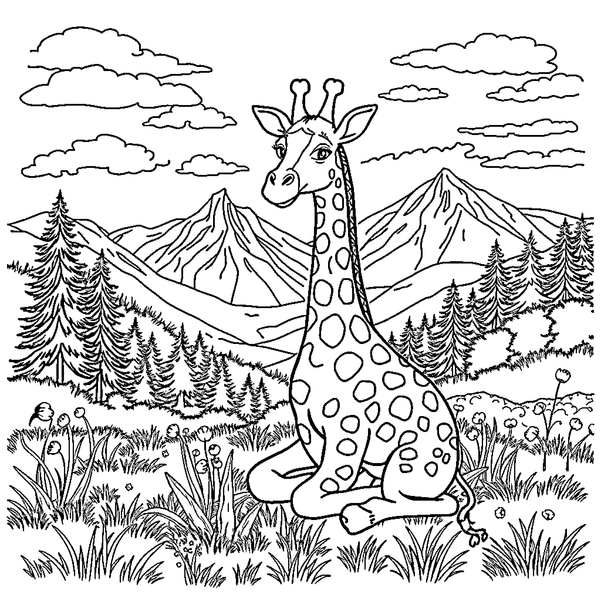 Giraffe sitting peacefully in a mountain meadow Coloring Page (free black-and-white line drawing printable PDF for all, from beginners to advanced learners, including children, teens, adults, and seniors)