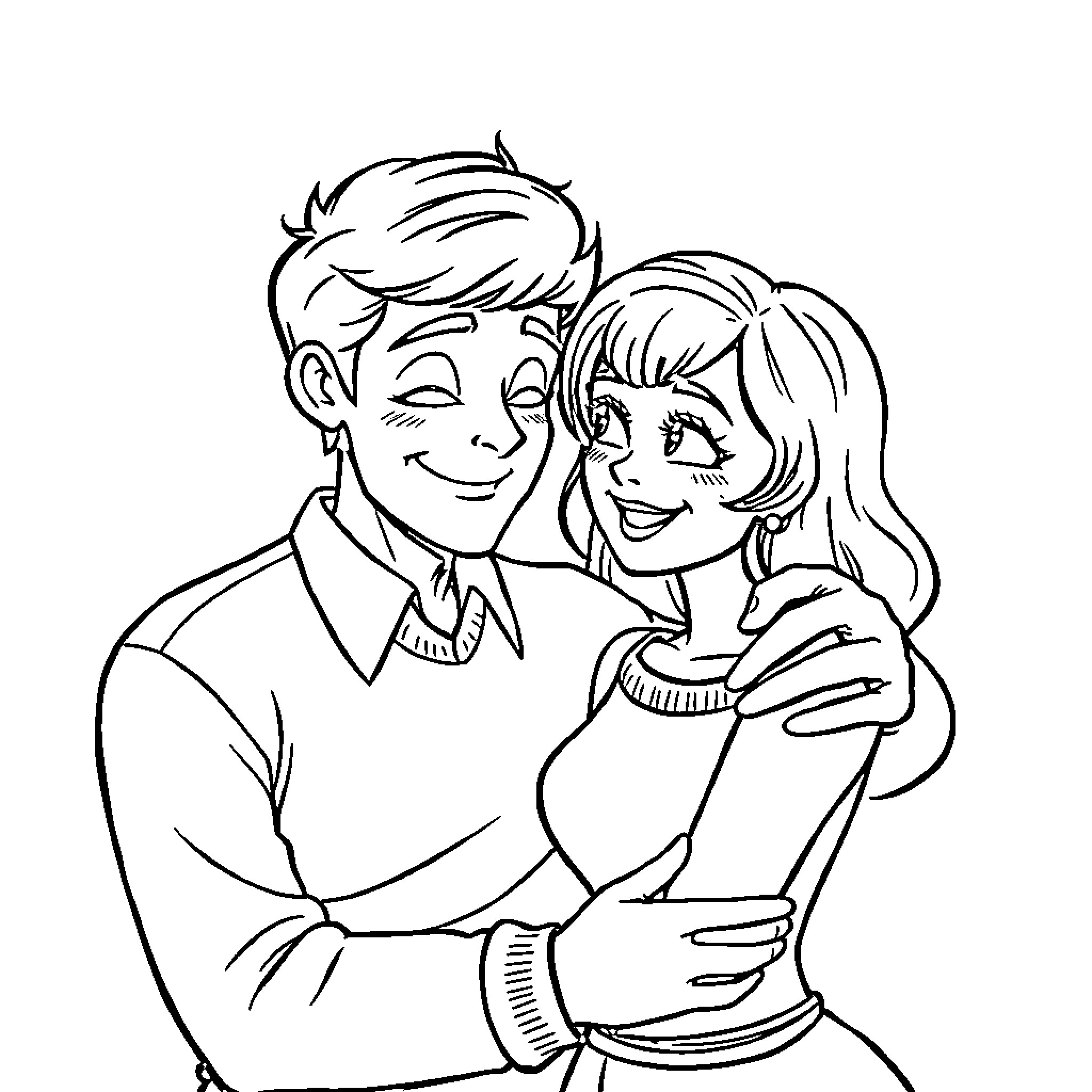 Wednesday happy couple enjoying each other's company Coloring Page (free black-and-white line drawing printable PDF for all, from beginners to advanced learners, including children, teens, adults, and seniors)