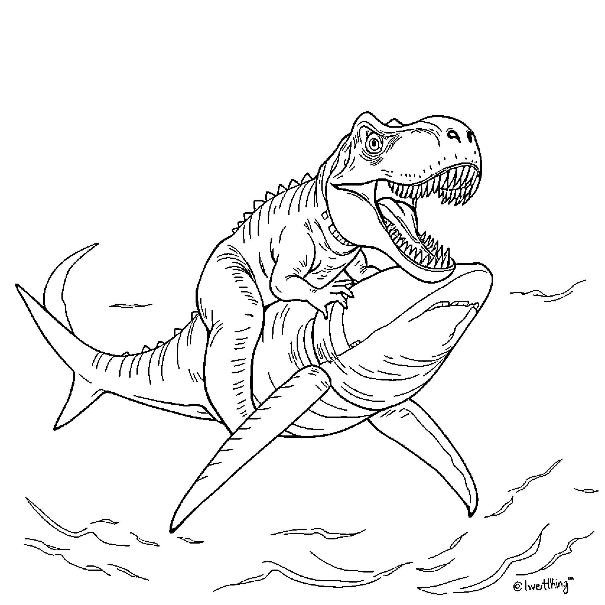 T-Rex riding a shark in the ocean Coloring Page (free black-and-white line drawing printable PDF for all, from beginners to advanced learners, including children, teens, adults, and seniors)