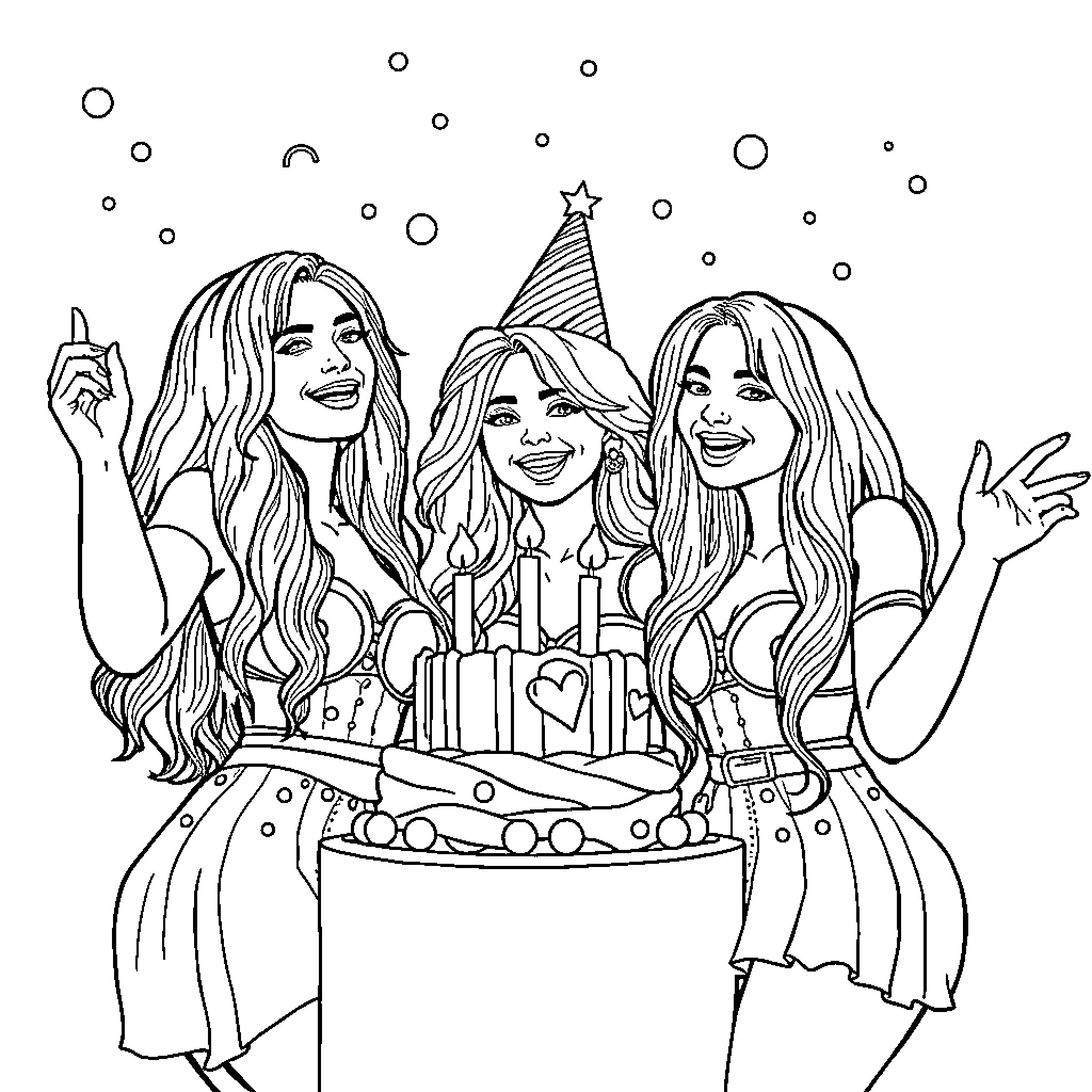 Guerrera Girls Celebrate with Festive Cheer Coloring Page (free black-and-white line drawing printable PDF for all, from beginners to advanced learners, including children, teens, adults, and seniors)
