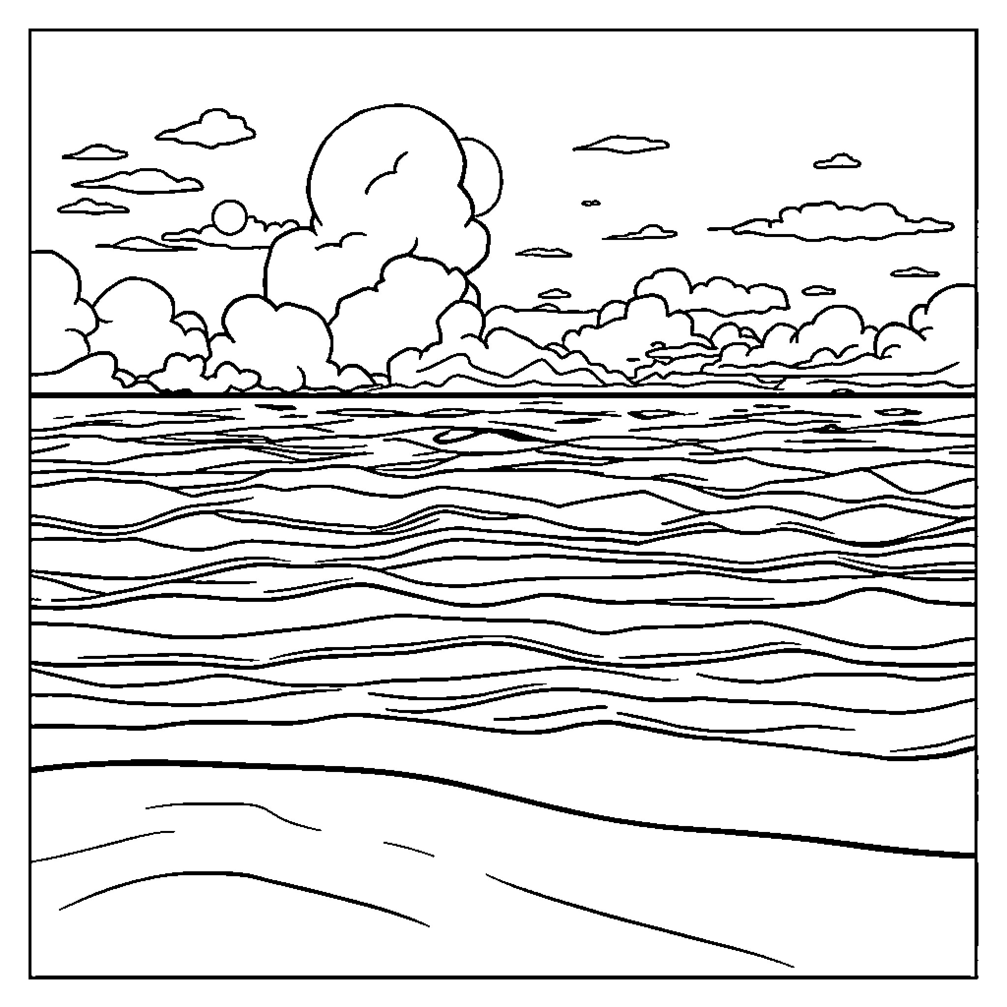 Ocean waves and cloudy sky Coloring Page (free black-and-white line drawing printable PDF for all, from beginners to advanced learners, including children, teens, adults, and seniors)