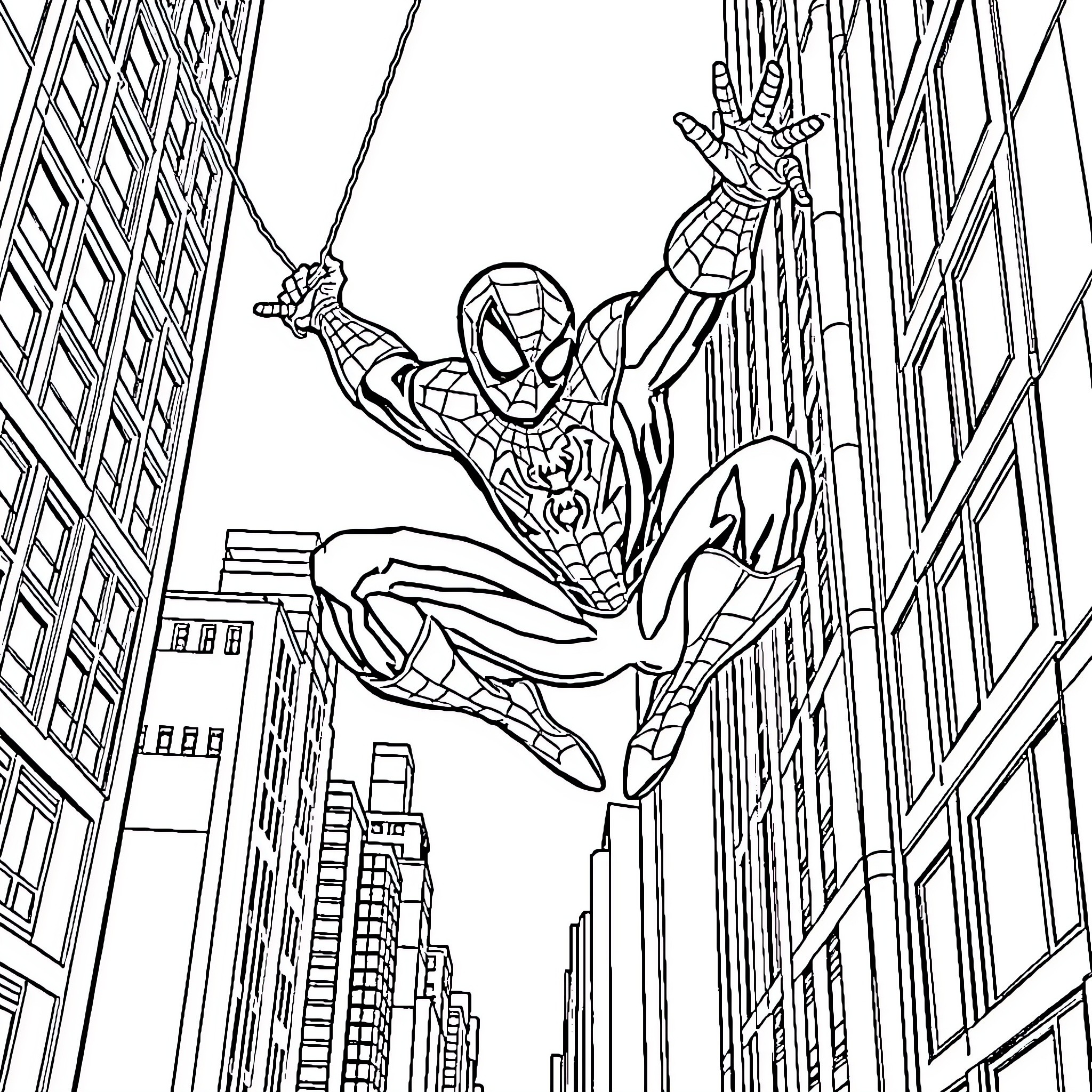Spiderman swinging through the city skyline Coloring Page (free black-and-white line drawing printable PDF for all, from beginners to advanced learners, including children, teens, adults, and seniors)