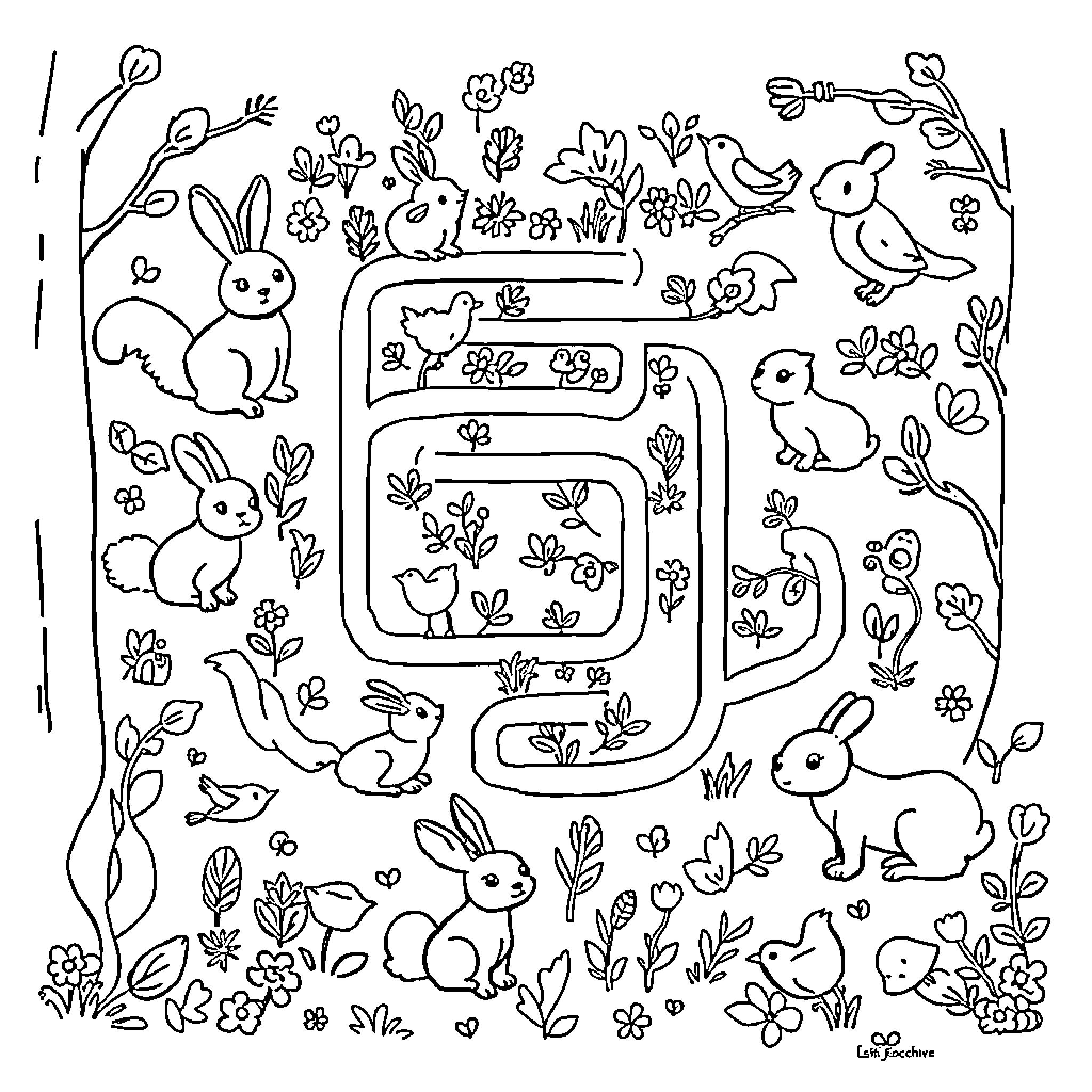 Woodland Animals Playing in Garden Coloring Page (free black-and-white line drawing printable PDF for all, from beginners to advanced learners, including children, teens, adults, and seniors)