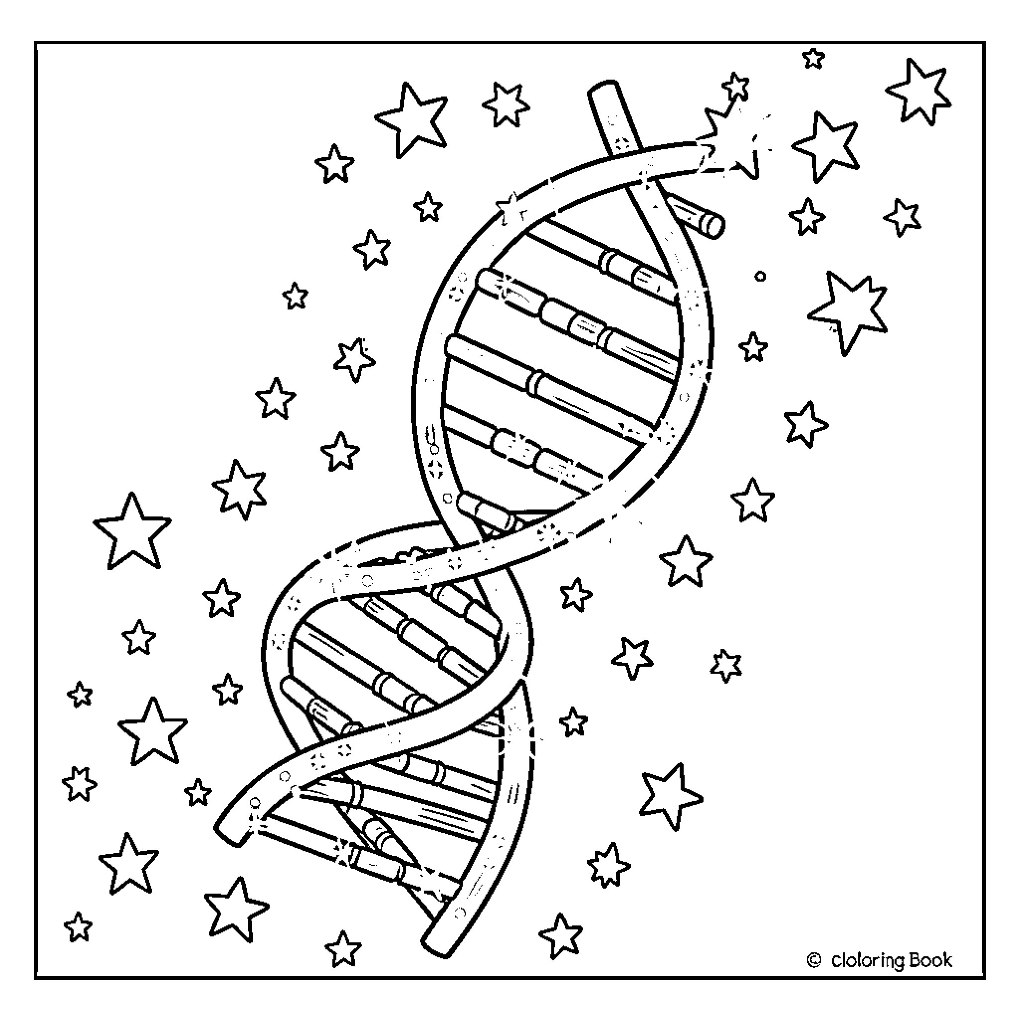 DNA Strand Surrounded by Stars Coloring Page (free black-and-white line drawing printable PDF for all, from beginners to advanced learners, including children, teens, adults, and seniors)