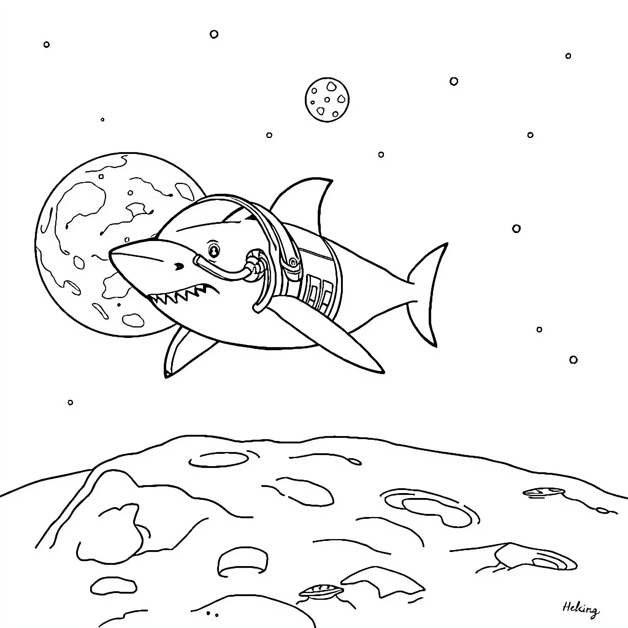 Shark exploring the underwater world Coloring Page (free black-and-white line drawing printable PDF for all, from beginners to advanced learners, including children, teens, adults, and seniors)