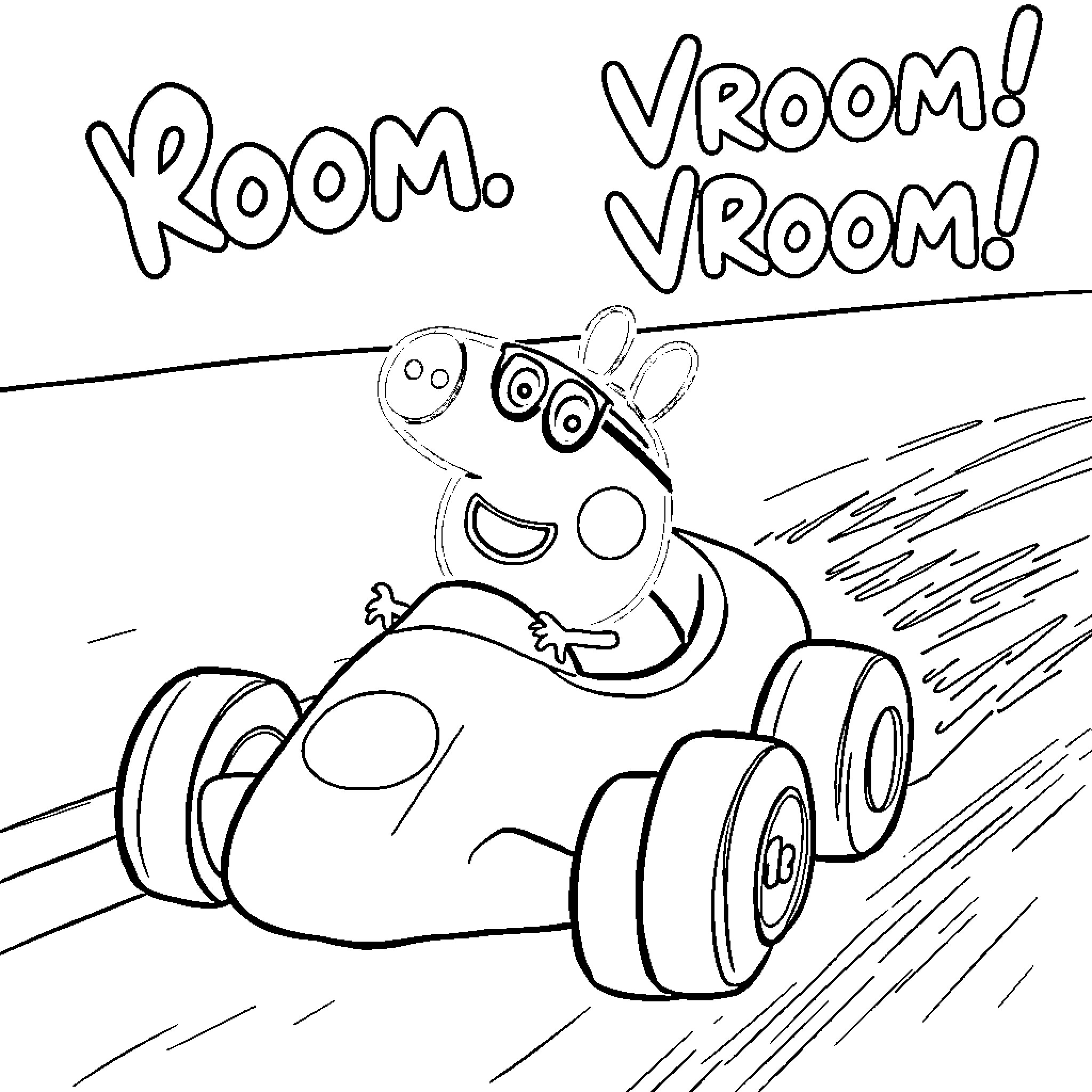 Peppa Pig racing in her speedy car Coloring Page (free black-and-white line drawing printable PDF for all, from beginners to advanced learners, including children, teens, adults, and seniors)