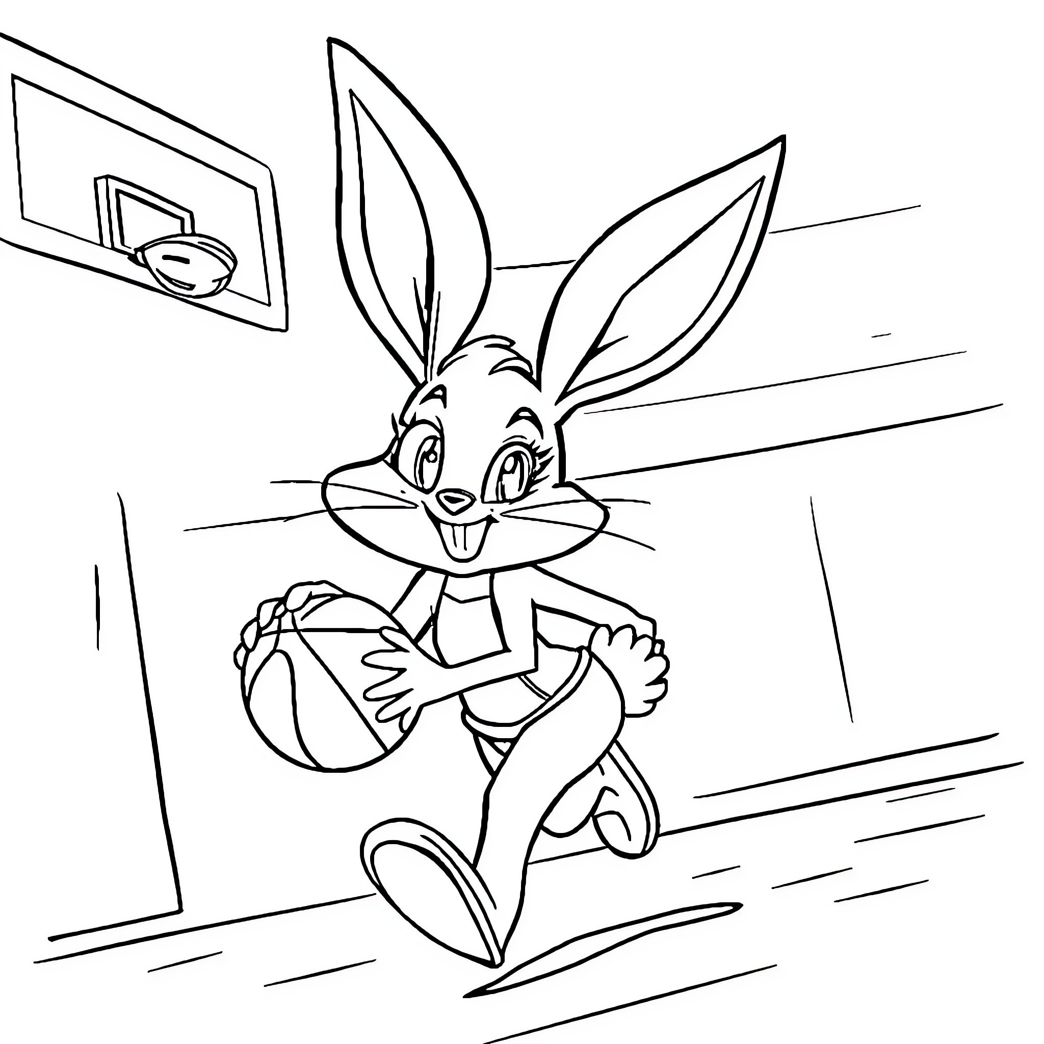 Lola Bunny playing basketball joyfully Coloring Page (free black-and-white line drawing printable PDF for all, from beginners to advanced learners, including children, teens, adults, and seniors)