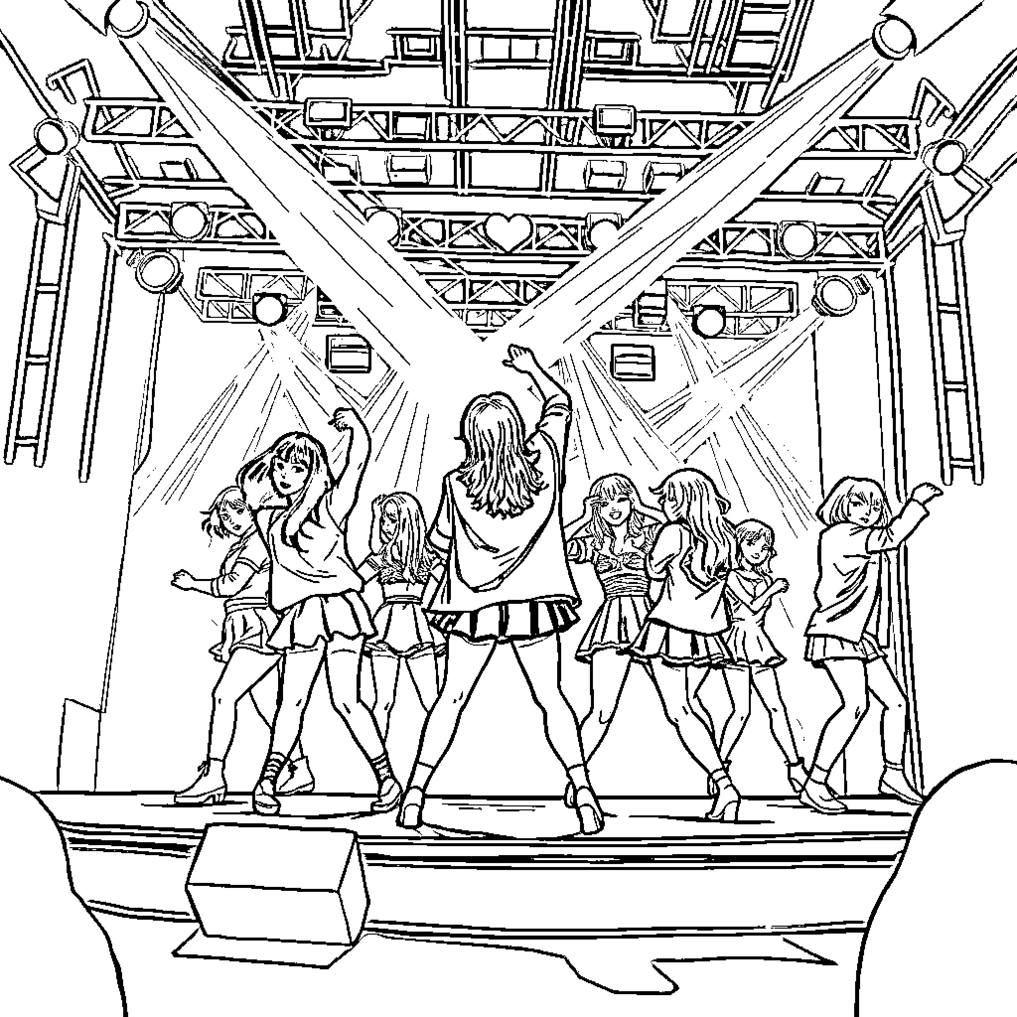Kpop Girl Group Performing on Stage Coloring Page (free black-and-white line drawing printable PDF for all, from beginners to advanced learners, including children, teens, adults, and seniors)