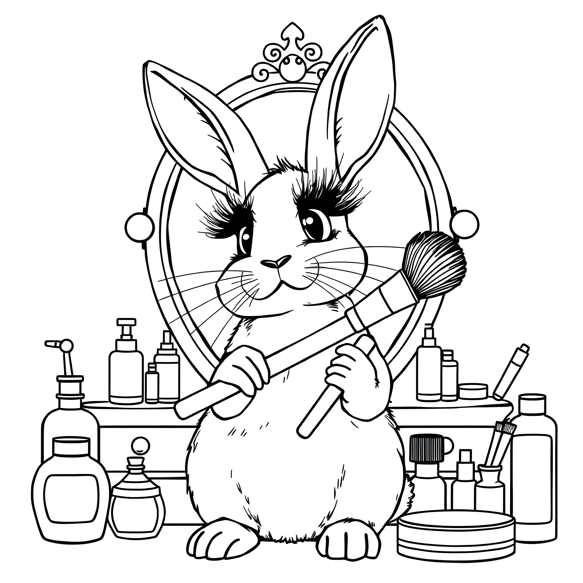 Rabbit getting ready in front of the mirror Coloring Page (free black-and-white line drawing printable PDF for all, from beginners to advanced learners, including children, teens, adults, and seniors)