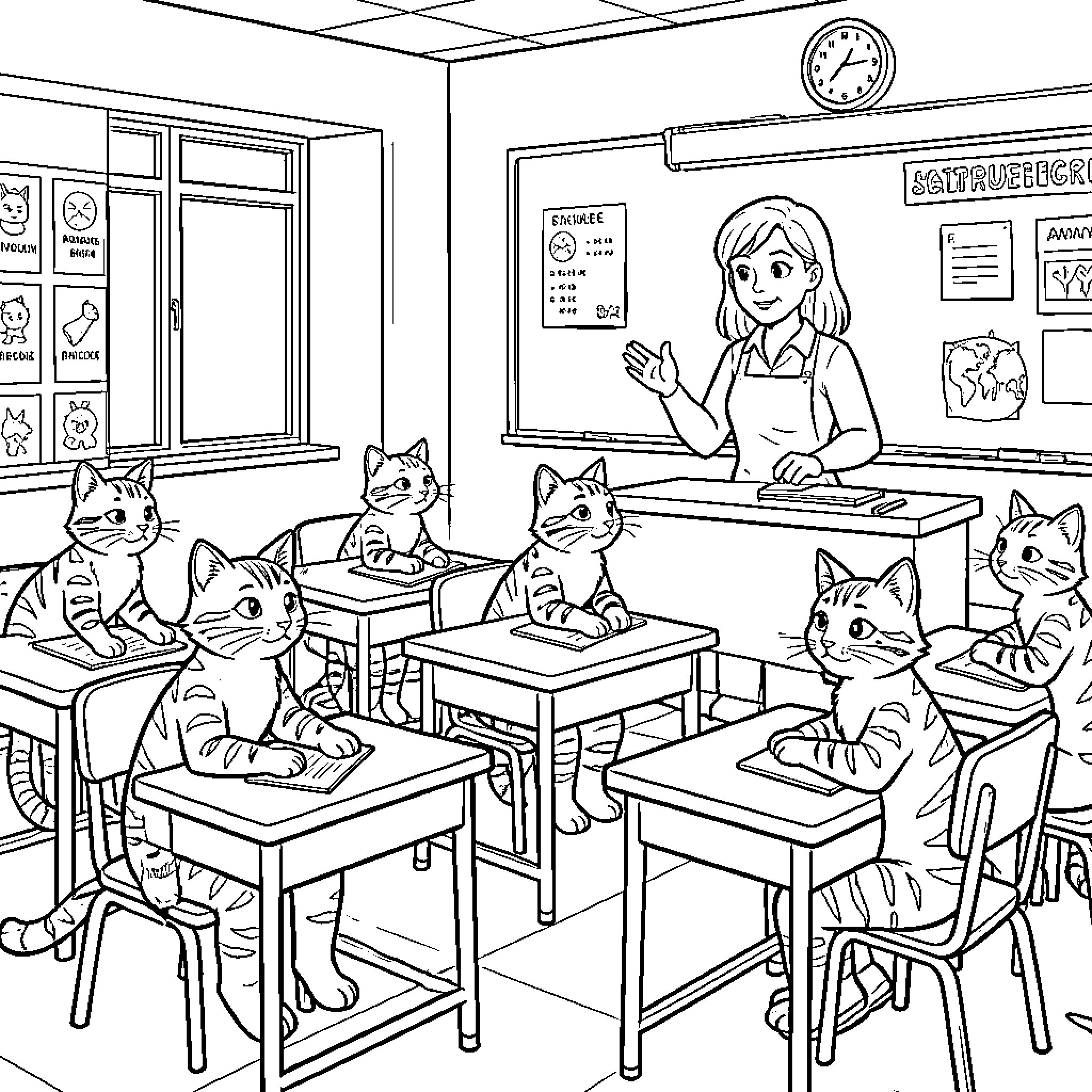Wildcat students sitting at desks in a classroom Coloring Page (free black-and-white line drawing printable PDF for all, from beginners to advanced learners, including children, teens, adults, and seniors)