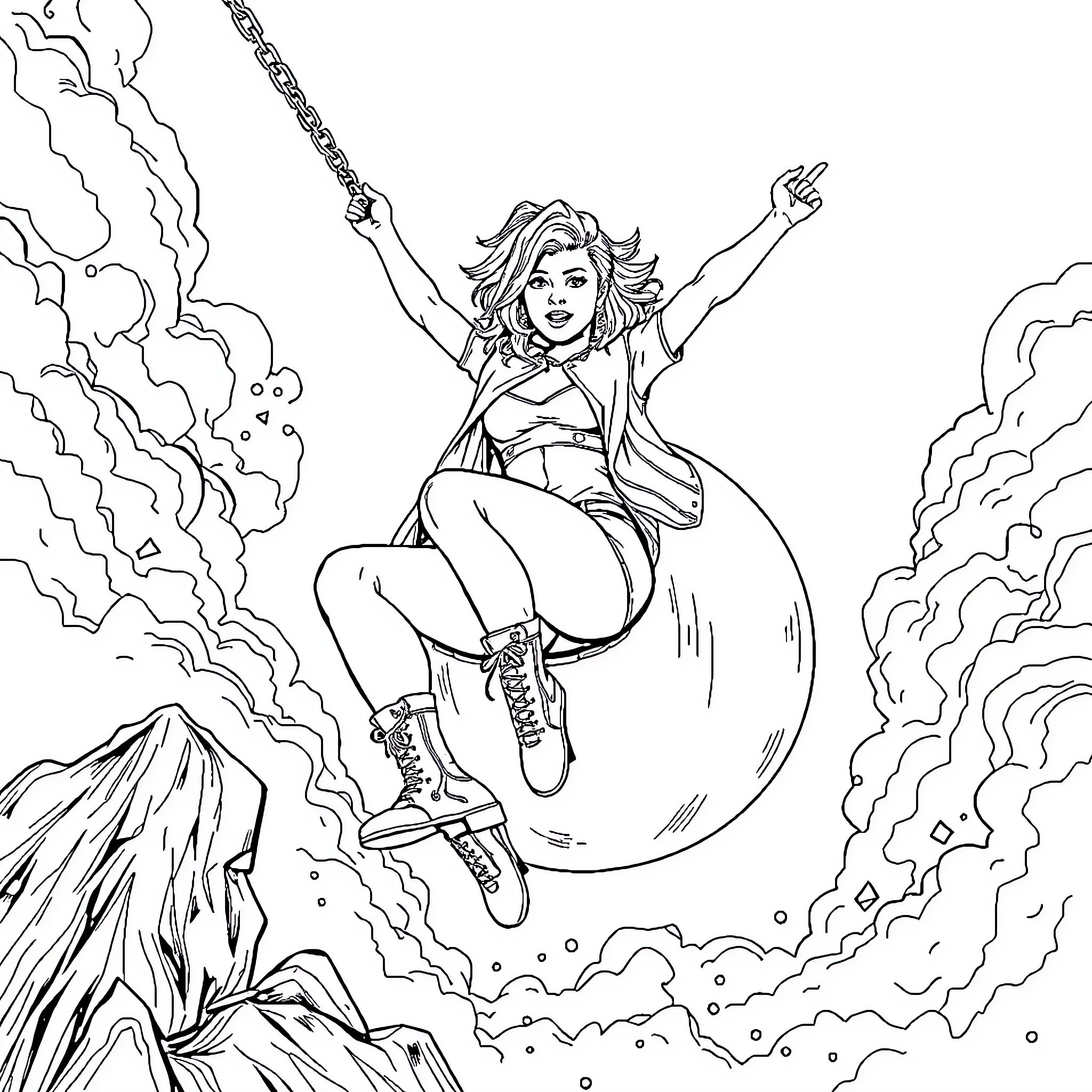 Miley Cyrus swinging on a wrecking ball against a dramatic backdrop Coloring Page (free black-and-white line drawing printable PDF for all, from beginners to advanced learners, including children, teens, adults, and seniors)