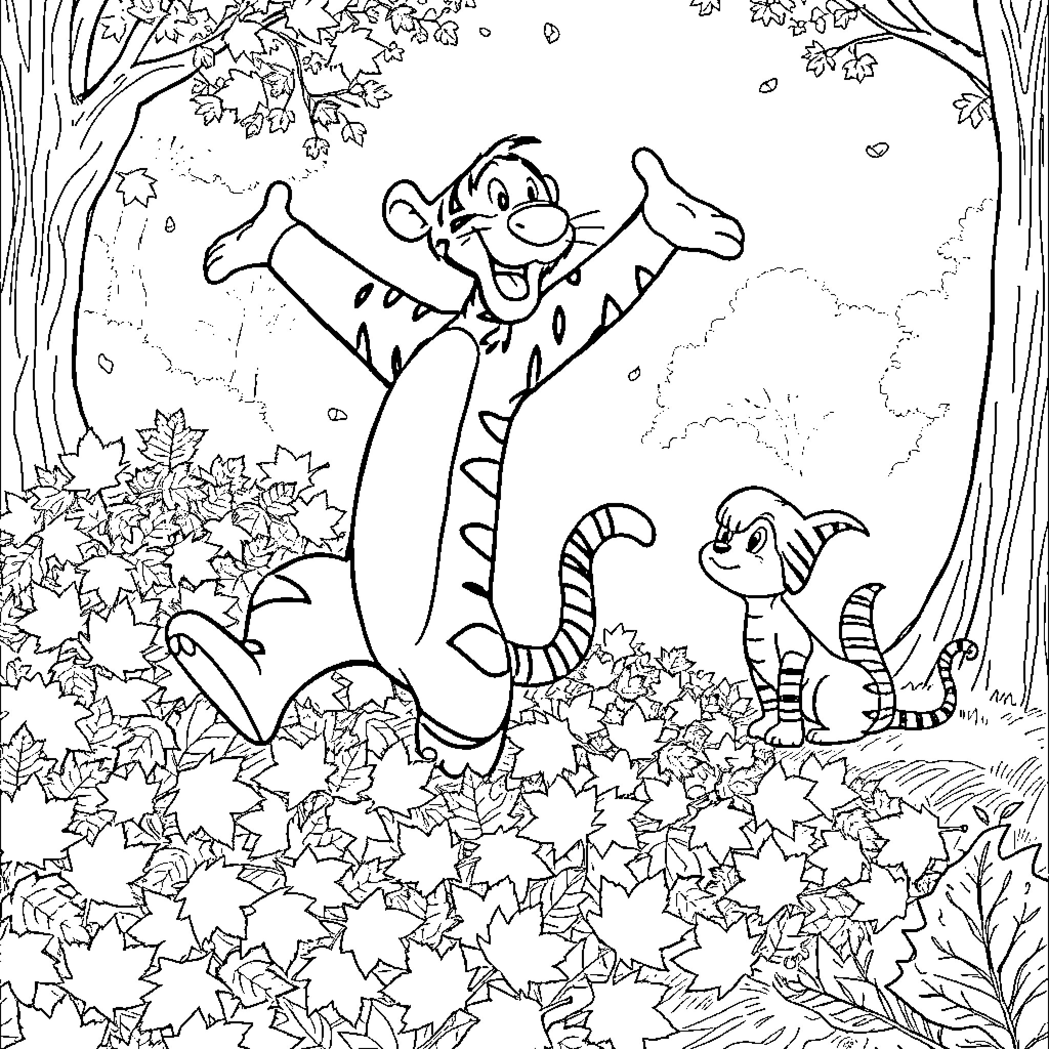 Tigger bouncing joyfully in the autumn leaves Coloring Page (free black-and-white line drawing printable PDF for all, from beginners to advanced learners, including children, teens, adults, and seniors)