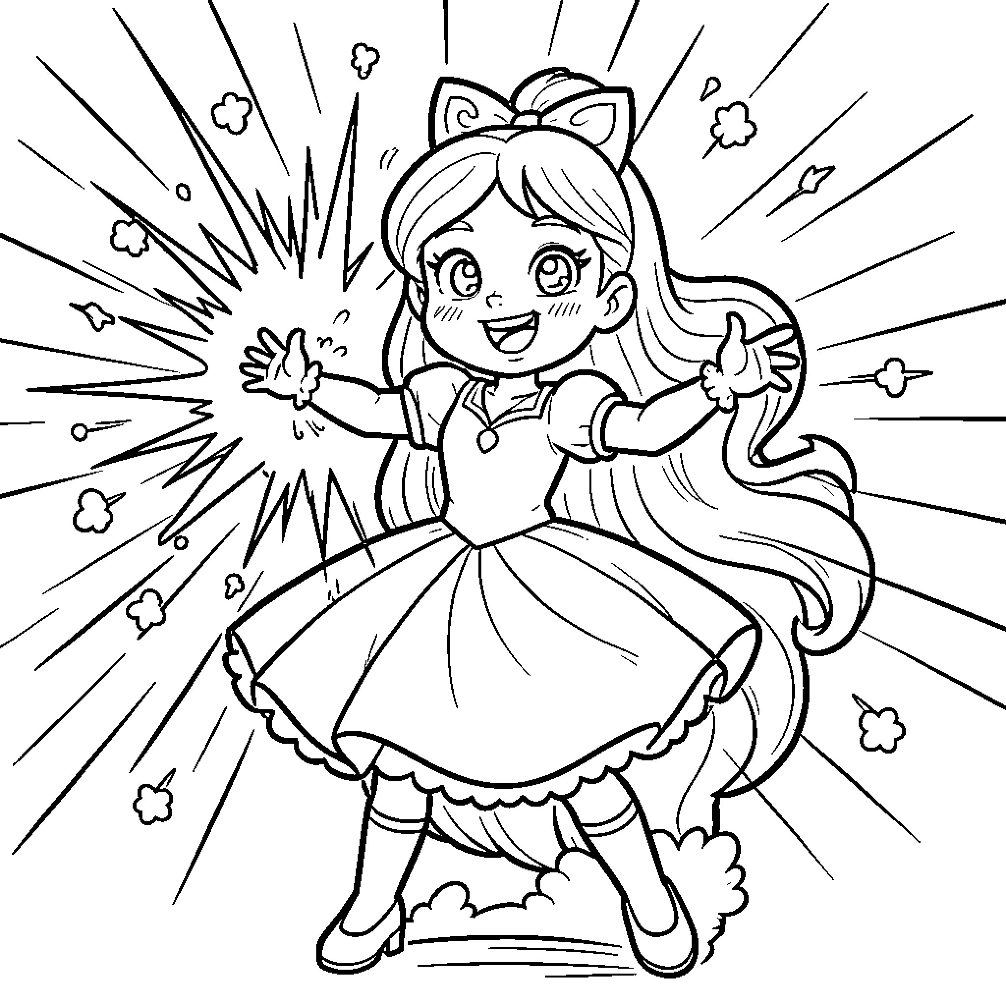 Raiponce celebrating joyfully with long flowing hair Coloring Page (free black-and-white line drawing printable PDF for all, from beginners to advanced learners, including children, teens, adults, and seniors)