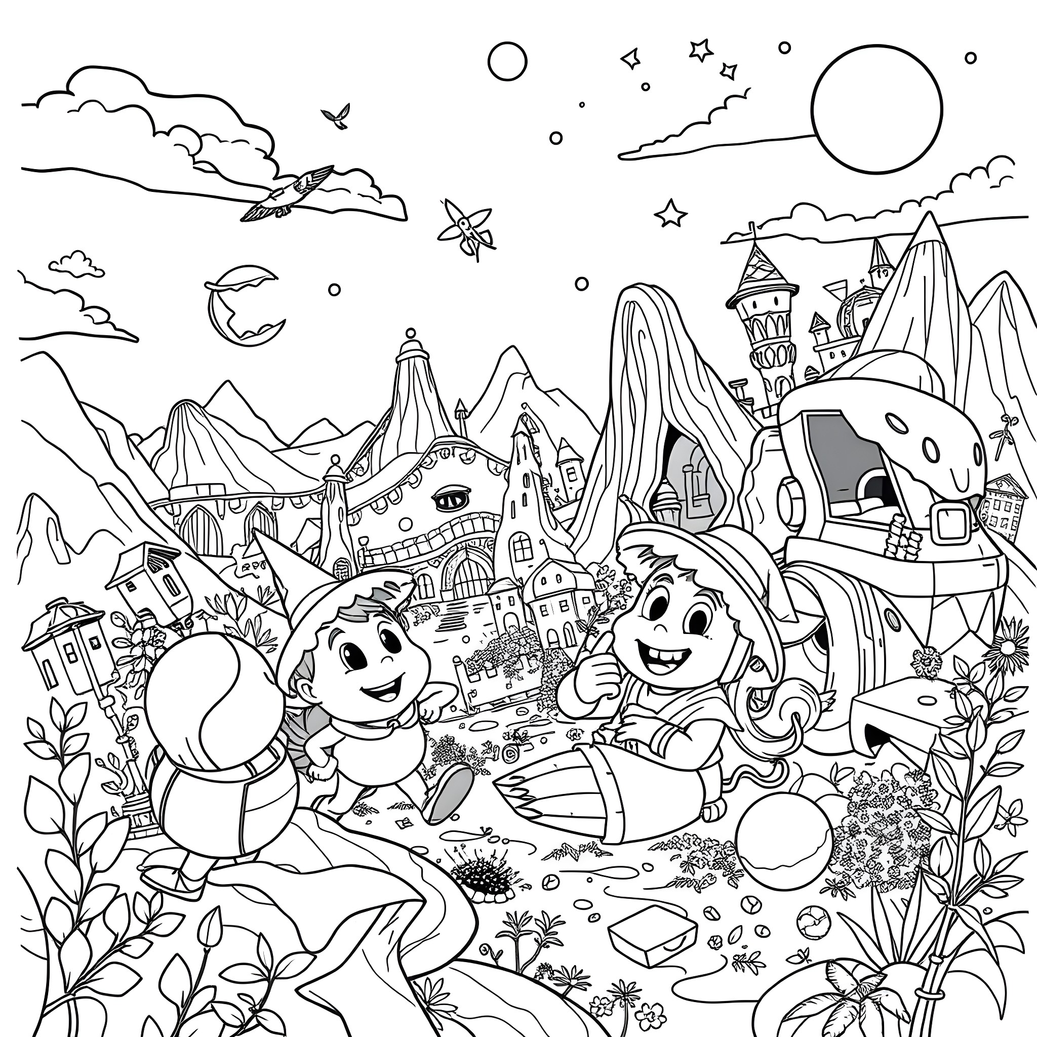 Movie Characters in a Fantastical Landscape Coloring Page (free black-and-white line drawing printable PDF for all, from beginners to advanced learners, including children, teens, adults, and seniors)