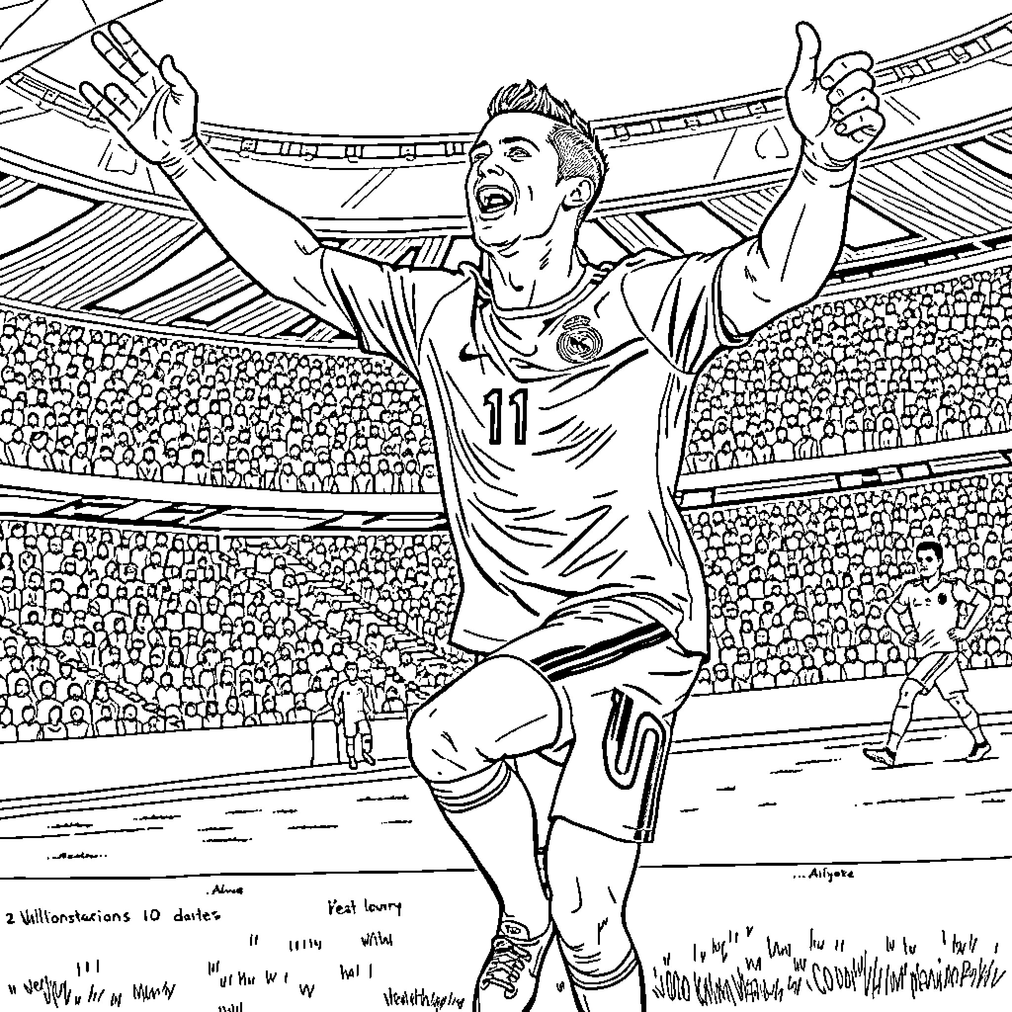 Cristiano Ronaldo celebrating a goal in a soccer stadium Coloring Page (free black-and-white line drawing printable PDF for all, from beginners to advanced learners, including children, teens, adults, and seniors)