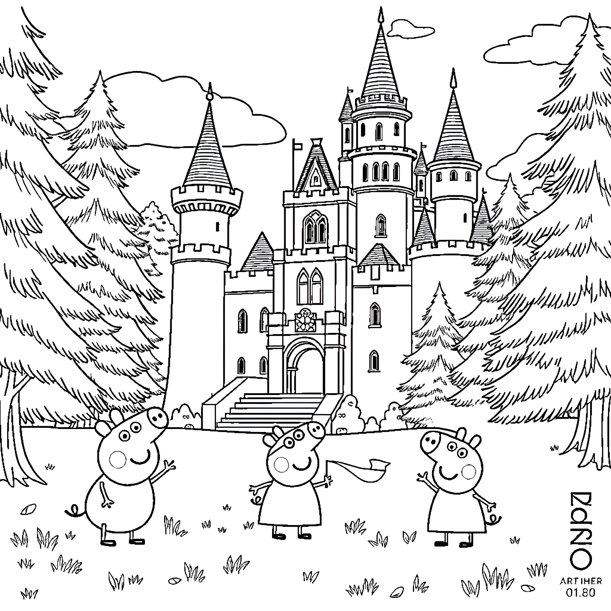 Castle with Ornate Towers and Characters in Scenic Landscape Coloring Page (free black-and-white line drawing printable PDF for all, from beginners to advanced learners, including children, teens, adults, and seniors)