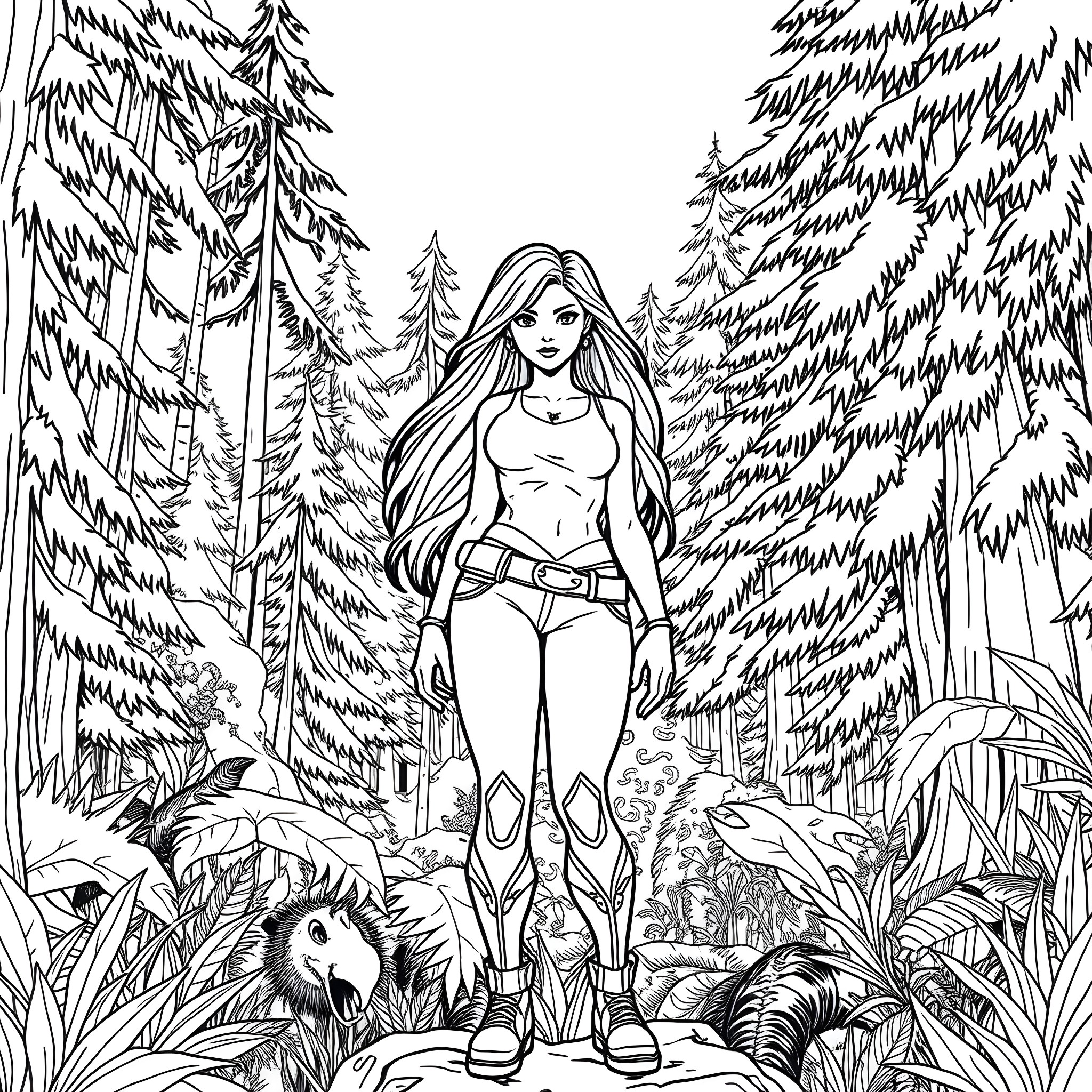 Jess Black's Adventurous Journey in the Enchanted Forest Coloring Page (free black-and-white line drawing printable PDF for all, from beginners to advanced learners, including children, teens, adults, and seniors)