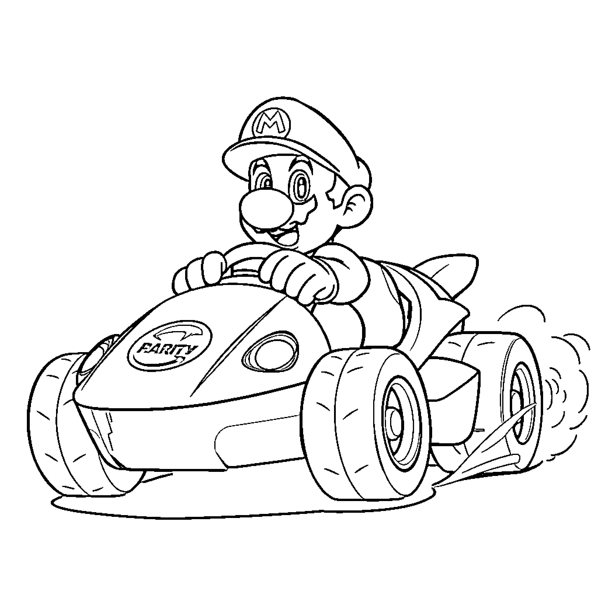 Mario driving his kart excitedly Coloring Page (free black-and-white line drawing printable PDF for all, from beginners to advanced learners, including children, teens, adults, and seniors)