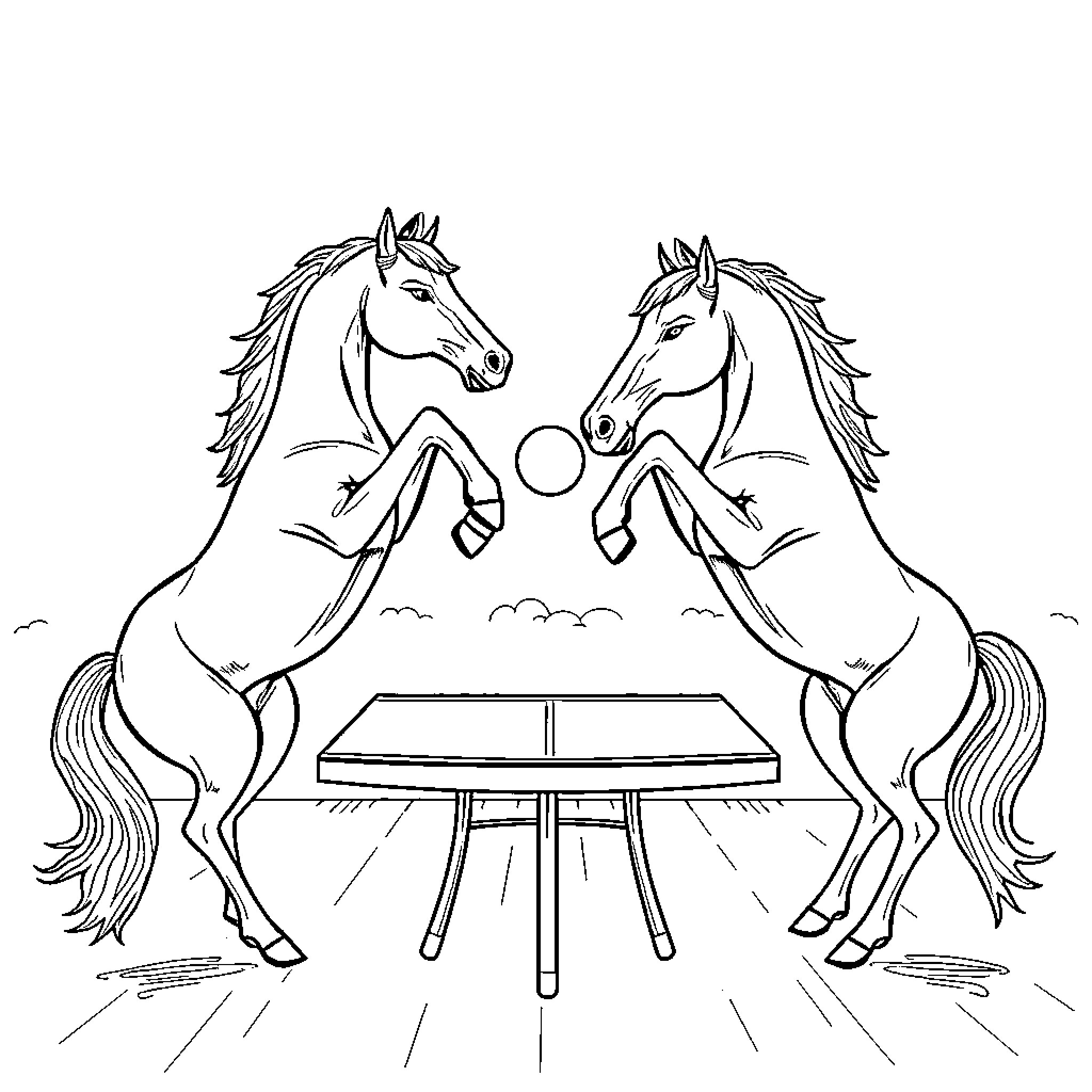Horse duo playing on a table Coloring Page (free black-and-white line drawing printable PDF for all, from beginners to advanced learners, including children, teens, adults, and seniors)