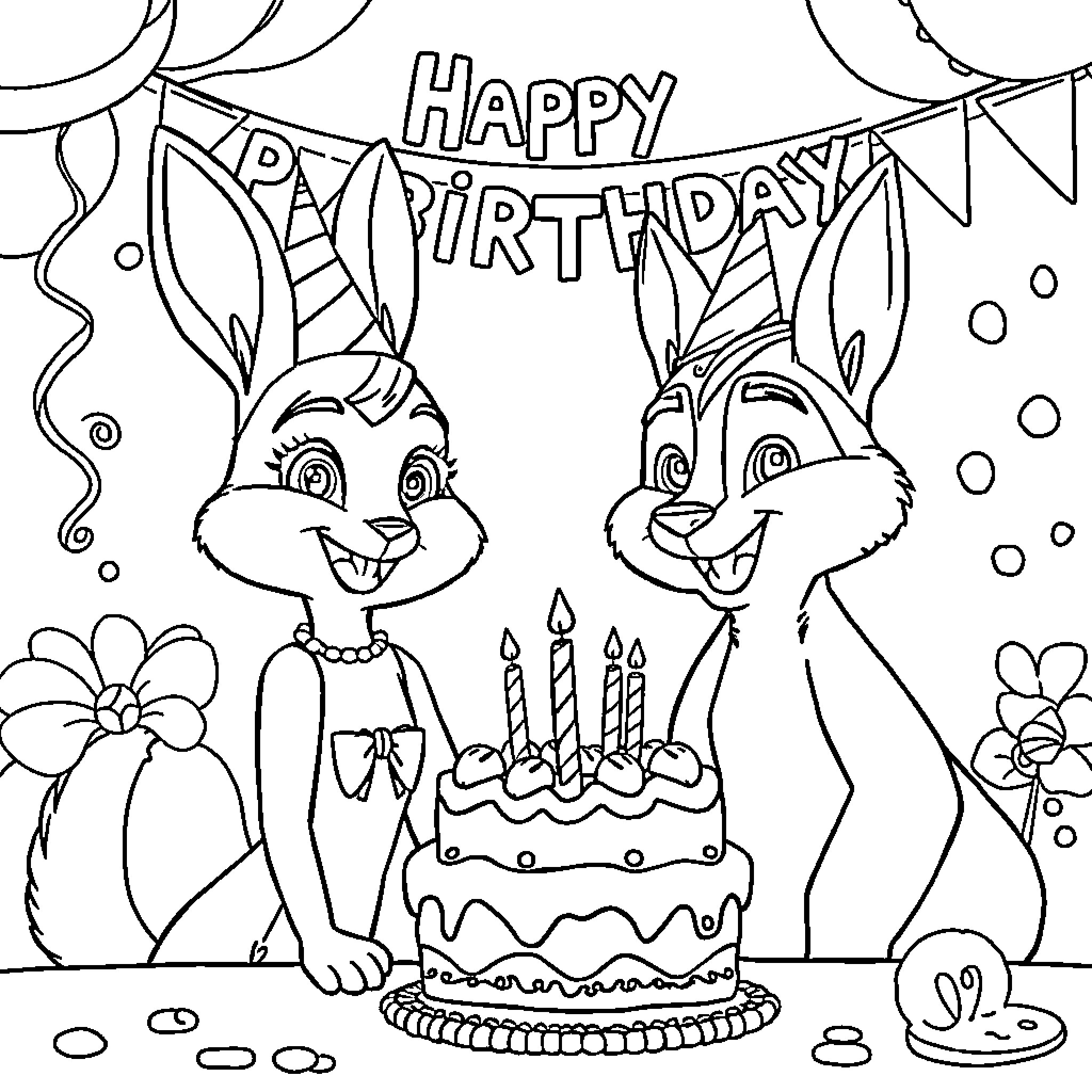 Judy Hopps celebrating a happy birthday with animal friends Coloring Page (free black-and-white line drawing printable PDF for all, from beginners to advanced learners, including children, teens, adults, and seniors)