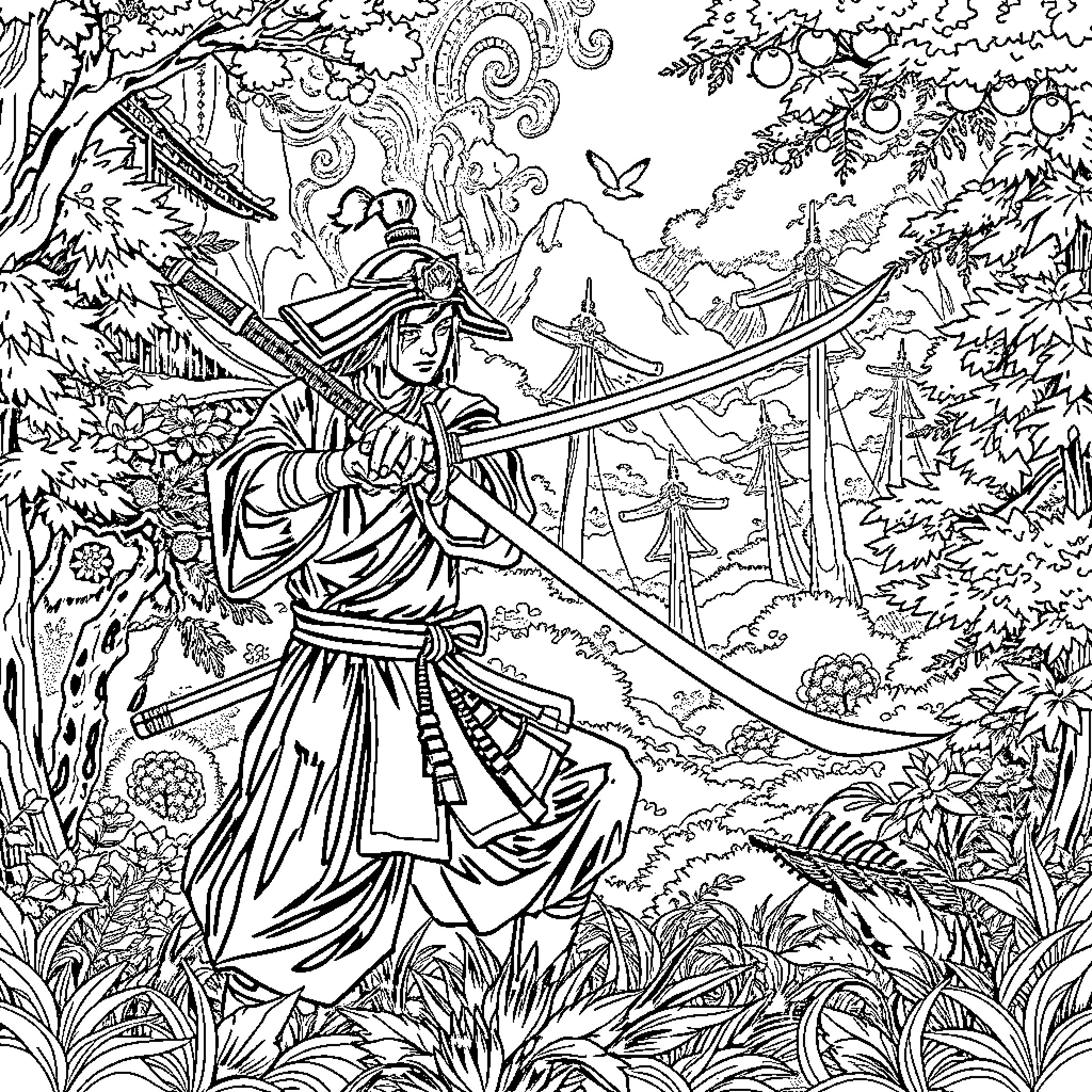 Samurai Warrior Amid Fantastical Landscape Coloring Page (free black-and-white line drawing printable PDF for all, from beginners to advanced learners, including children, teens, adults, and seniors)