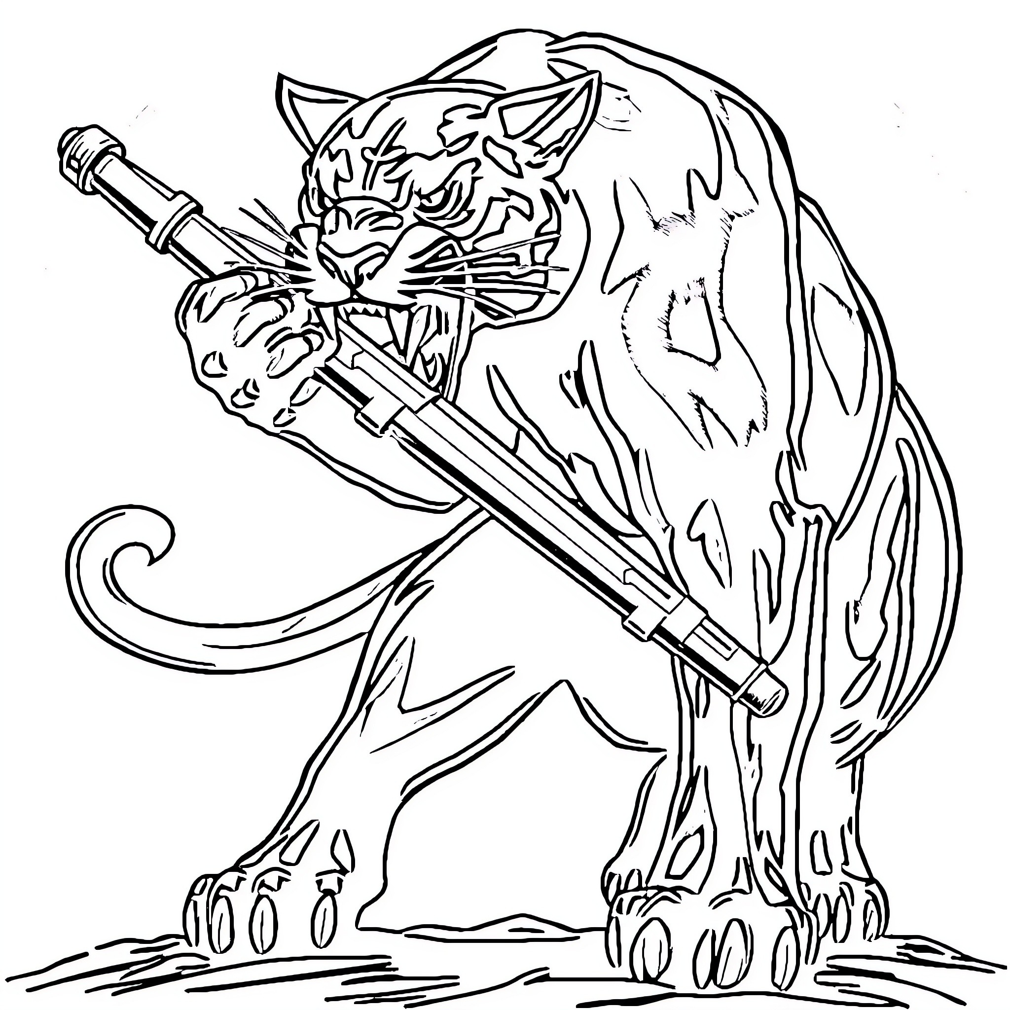 Panther warrior wielding a sword in battle Coloring Page (free black-and-white line drawing printable PDF for all, from beginners to advanced learners, including children, teens, adults, and seniors)