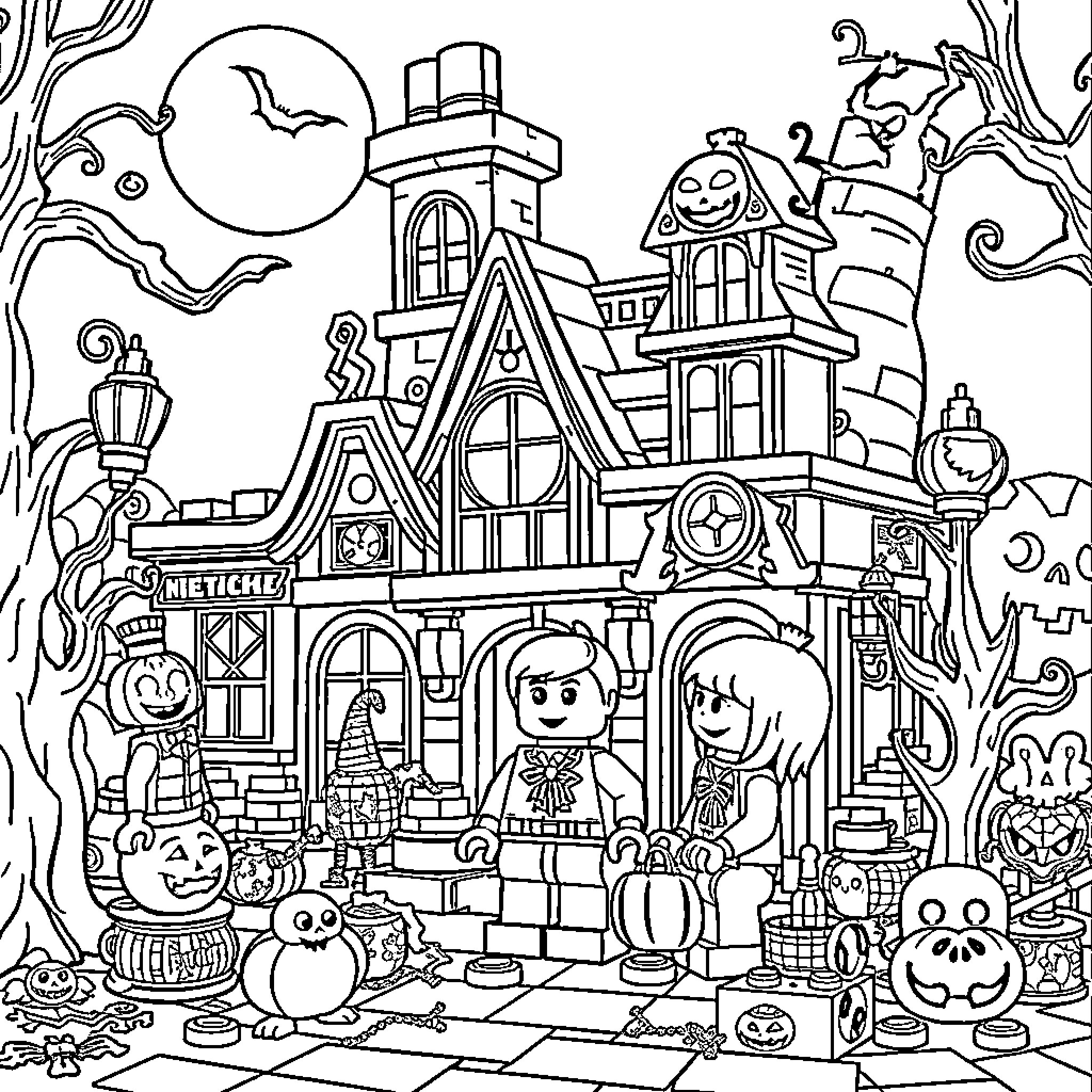 Lego characters in a spooky Halloween scene Coloring Page (free black-and-white line drawing printable PDF for all, from beginners to advanced learners, including children, teens, adults, and seniors)